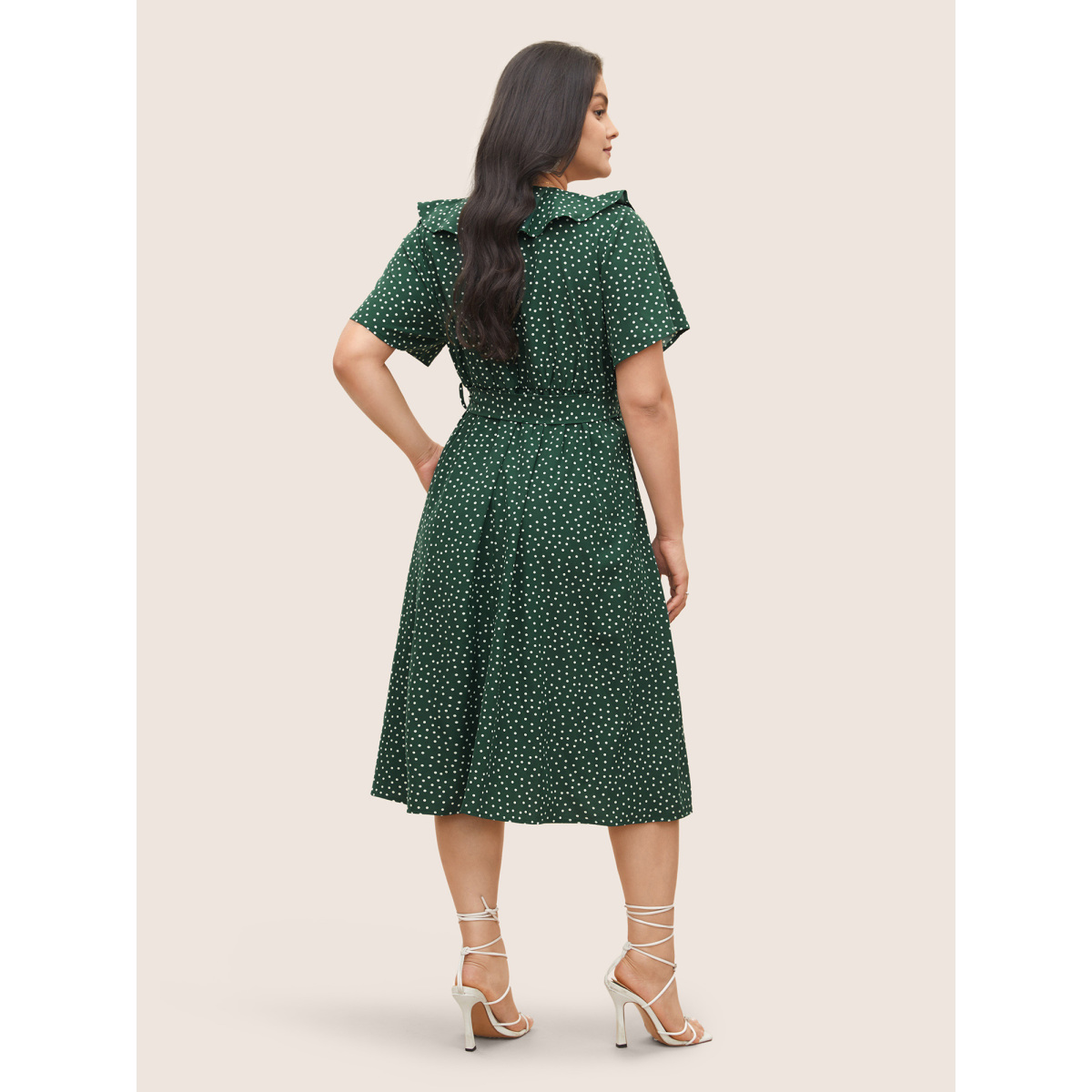 

Plus Size Polka Dot Flutter Trim Belted Button Detail Dress DarkGreen Women Non Curvy Midi Dress BloomChic