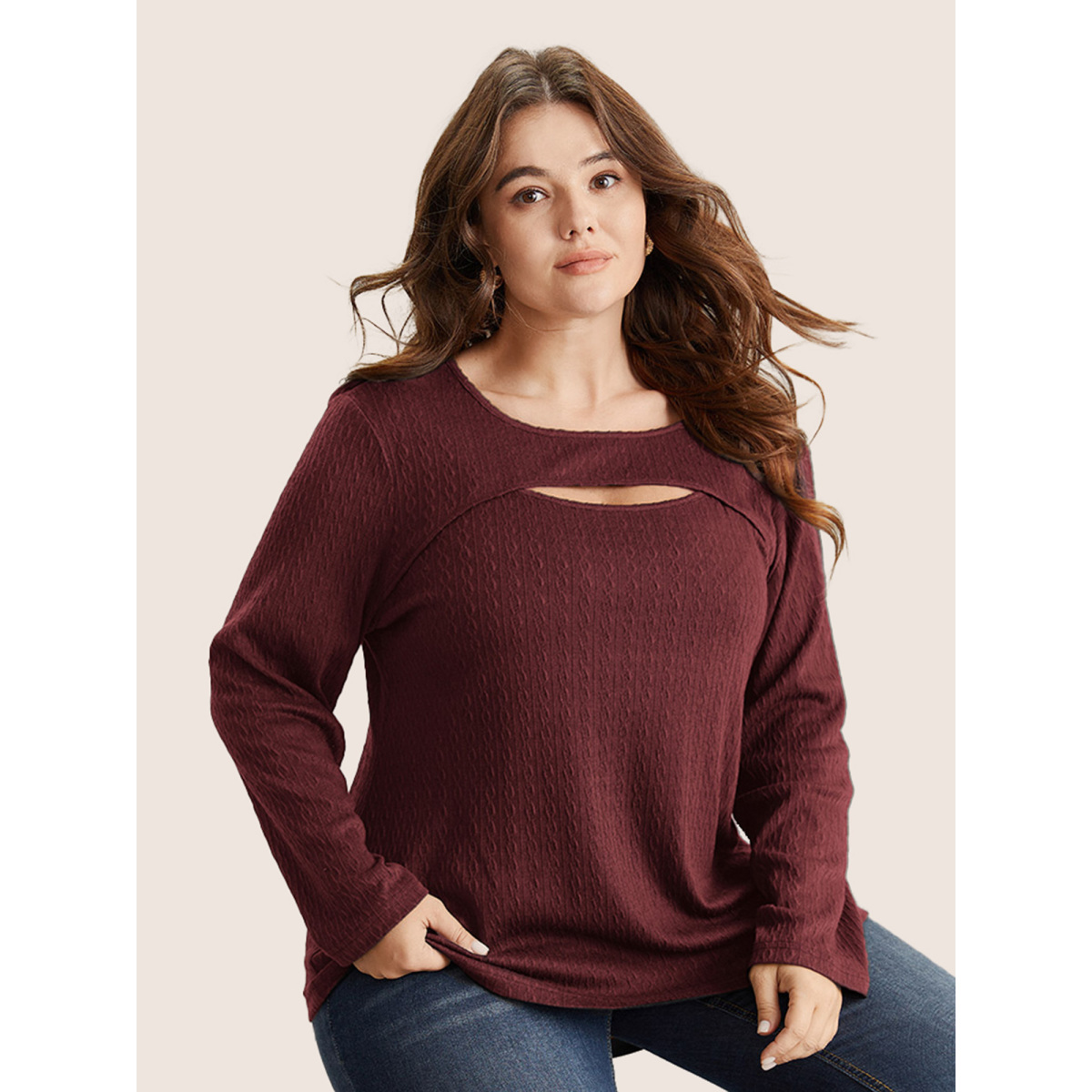 

Plus Size Solid Texture Keyhole Knit T-shirt Burgundy Women Casual Non Plain Round Neck Everyday T-shirts BloomChic