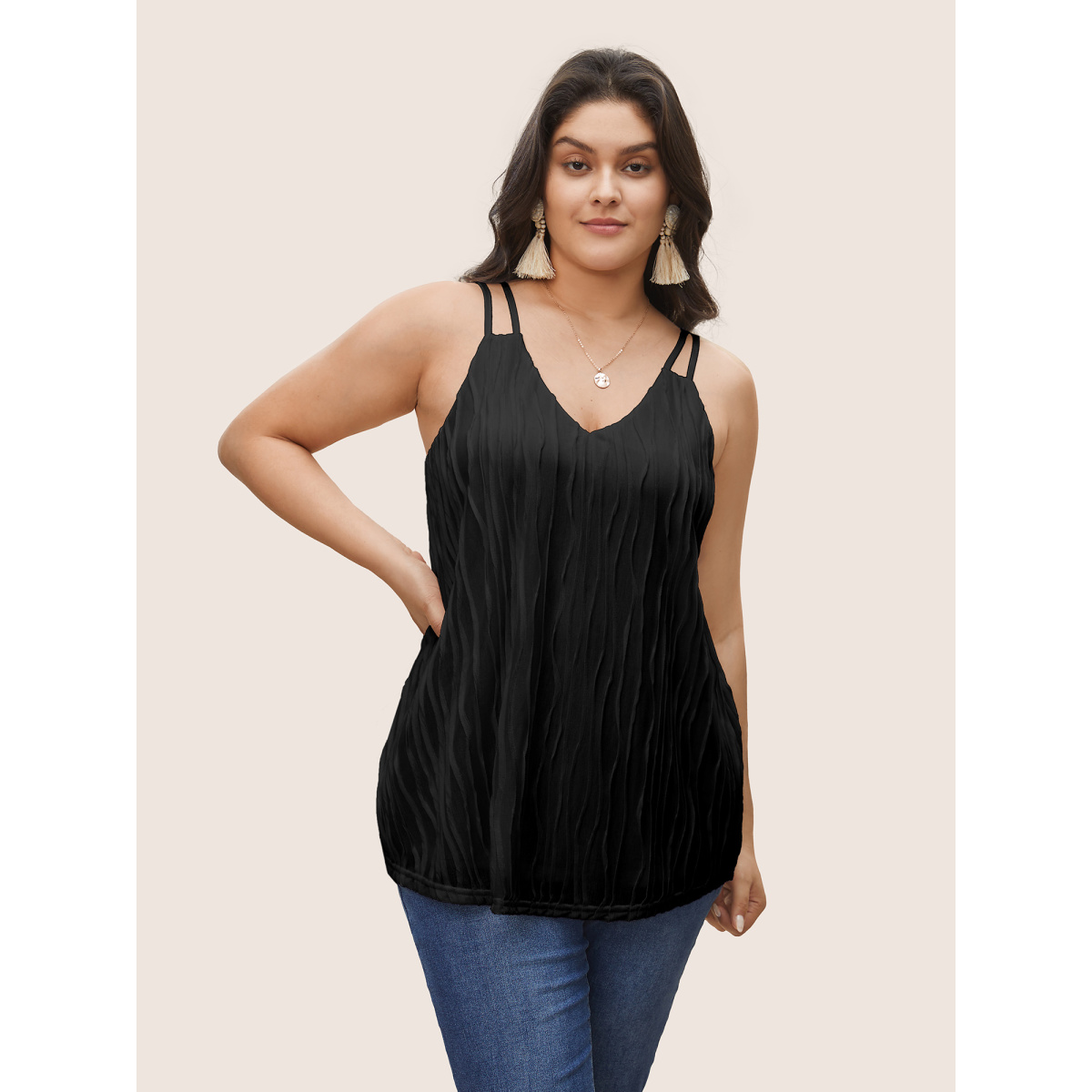 

Plus Size Plain Plisse Deep V Neck Cami Top Women Black Elegant Non V-neck Everyday Tank Tops Camis BloomChic