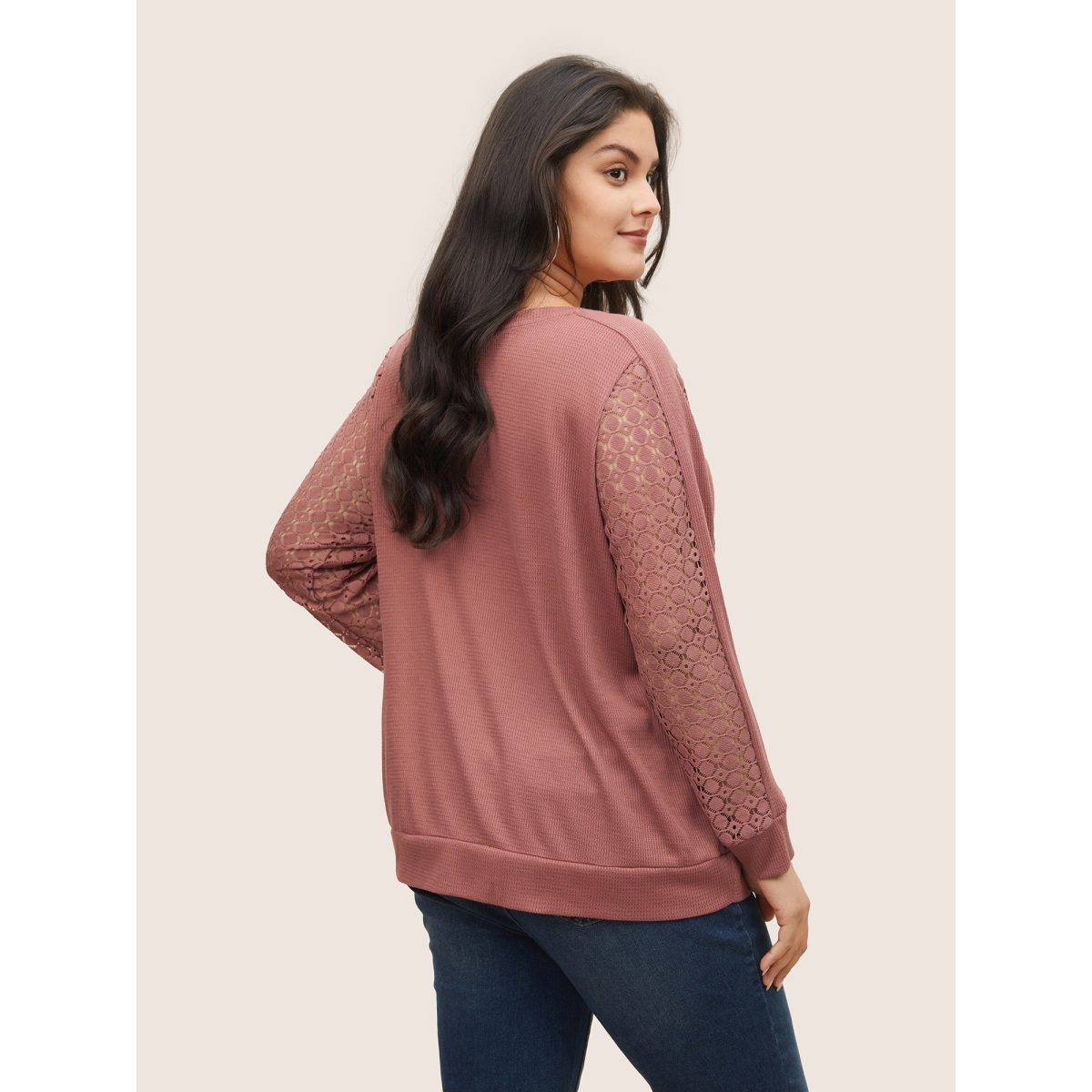 

Plus Size Solid Waffle Knit Lace Panel Sweatshirt Women Rouge Casual Texture Round Neck Everyday Sweatshirts BloomChic