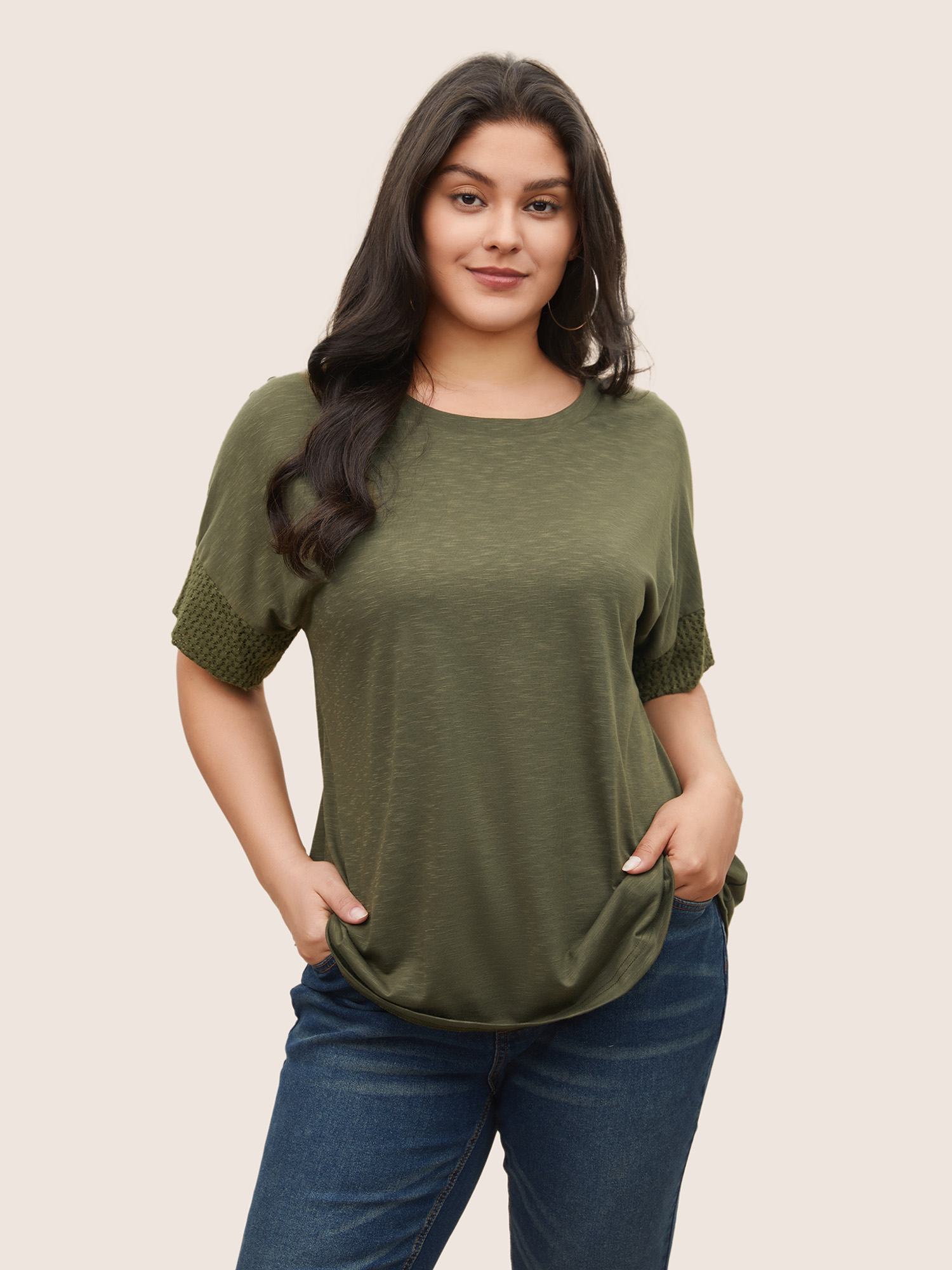 

Plus Size Solid Lace Insert Batwing Sleeve T-shirt ArmyGreen Women Casual Texture Plain Round Neck Everyday T-shirts BloomChic
