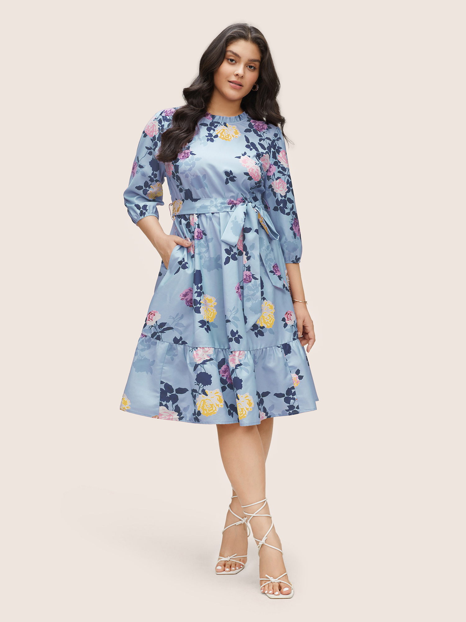 

Plus Size Floral Print Belted Pocket Frill Trim Dress LightBlue Women Non Round Neck Elbow-length sleeve Curvy Knee Dress BloomChic