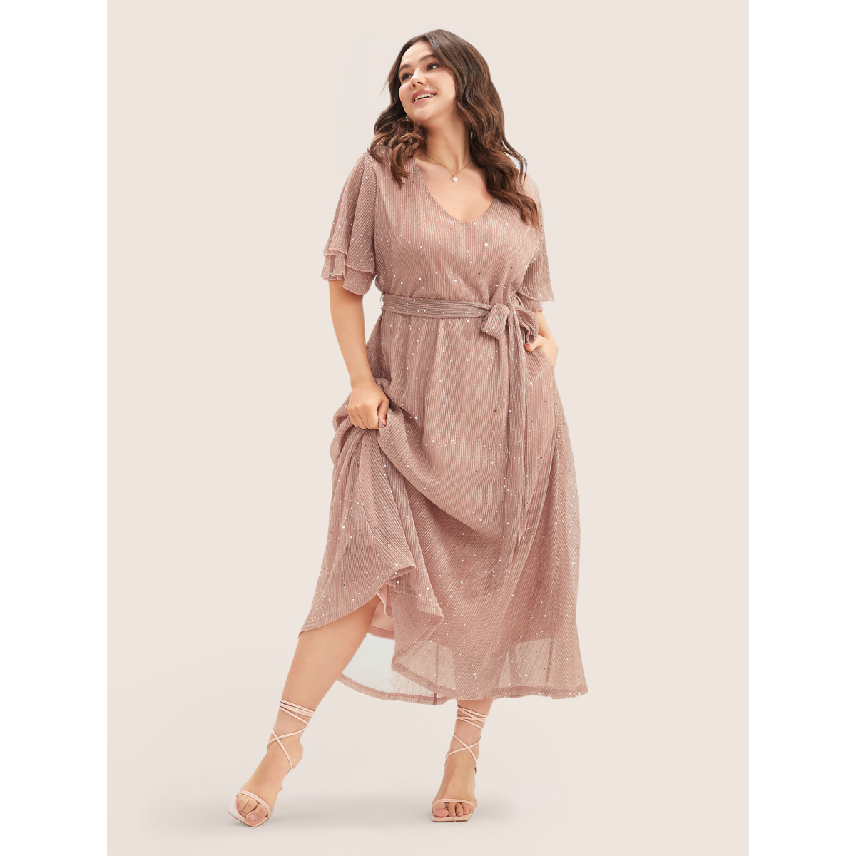 

Chiffon Mesh Ruffles Flowy Plus Size Women Midi Dress Going out Plain Ruffle Sleeve Short Sleeve V Neck Pocket Belt Glamour Dresses BloomChic, Watermelon