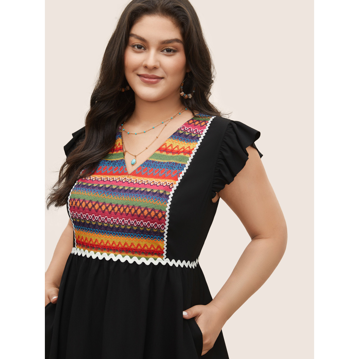

Plus Size Color Embroidered Patchwork Flounce Sleeve Dress Black Women Non V-neck Cap Sleeve Curvy Midi Dress BloomChic