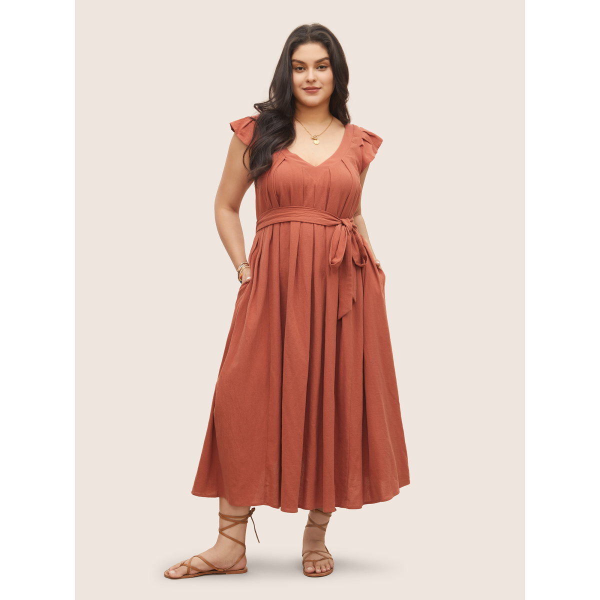 

Plus Size Solid Flounce Sleeve Plicated Detail A Line Dress Rust Women Non V-neck Cap Sleeve Curvy BloomChic