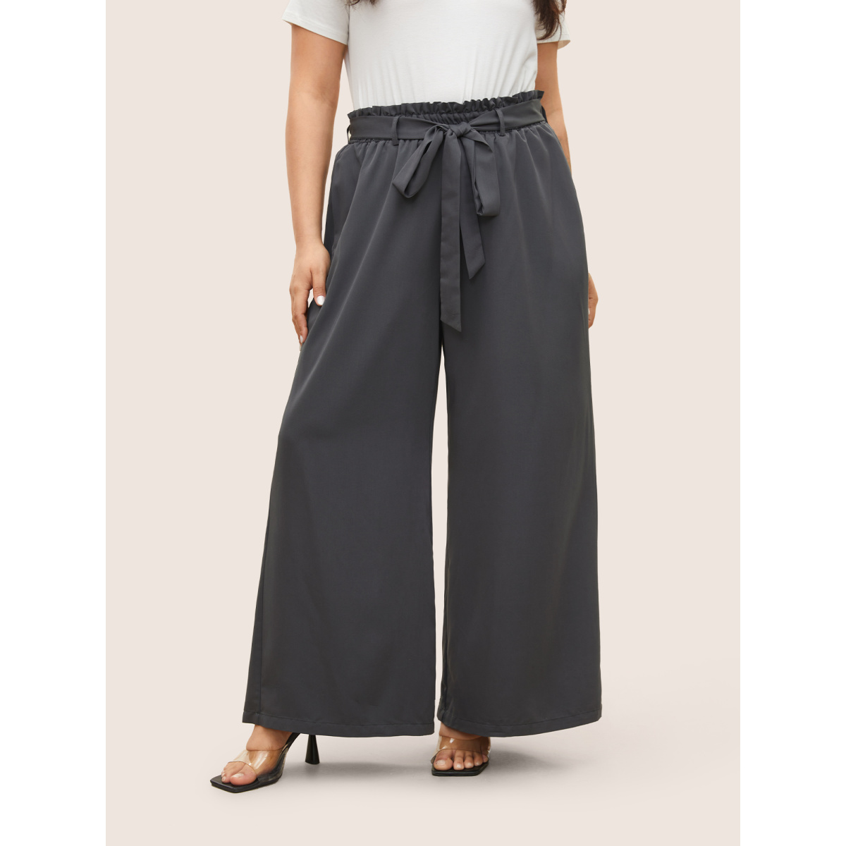 

Plus Size Plain Paperbag Waist Belted Wide Leg Pants Women DimGray Elegant Wide Leg High Rise Everyday Pants BloomChic