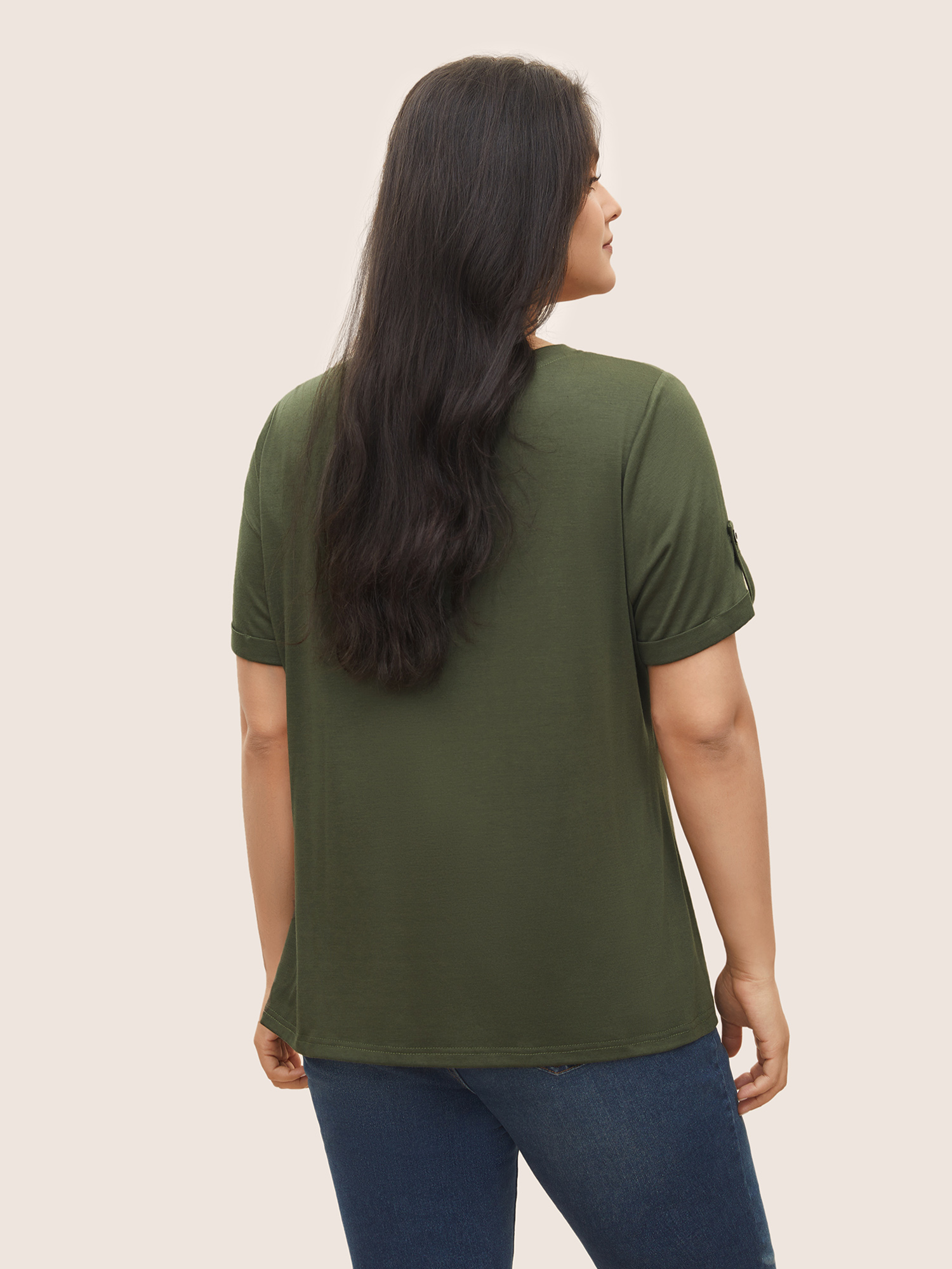 

Plus Size V Neck Solid Tab Sleeve T-shirt ArmyGreen Women Casual Roll Hem Plain V-neck Everyday T-shirts BloomChic
