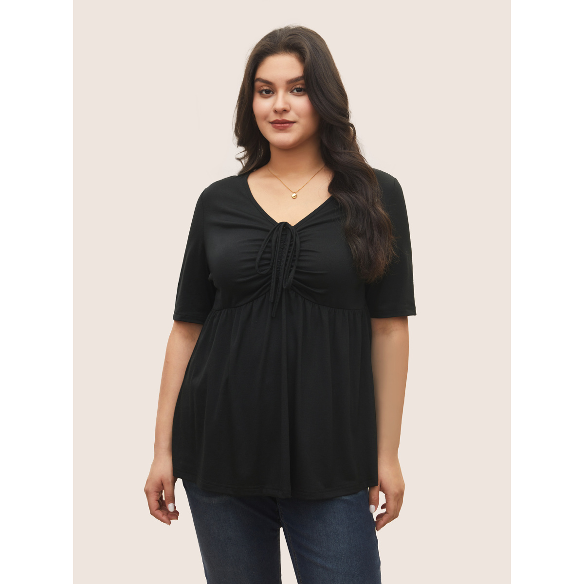 

Plus Size Solid Drawstring Ruched Knit Top Black Women Elegant Non Plain V-neck Everyday T-shirts BloomChic