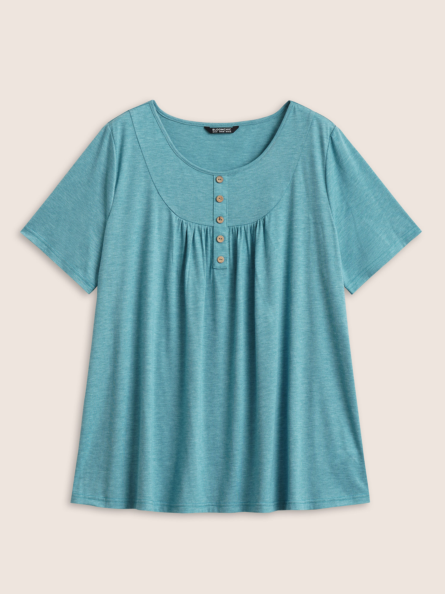 

Plus Size Solid Heather Button Detail Gathered T-shirt Turquoise Women Casual Button Plain U-neck Everyday T-shirts BloomChic