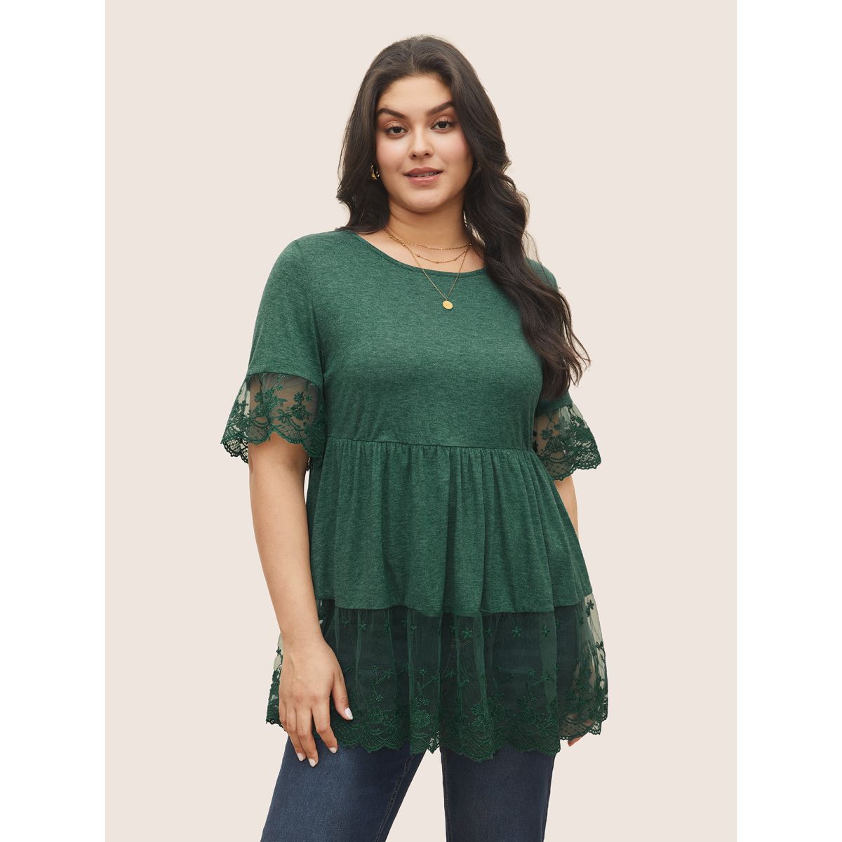 

Plus Size Crochet Lace Mesh Knit Ruffle Layered Hem Top Green Women Elegant Gathered Plain Round Neck Everyday T-shirts BloomChic