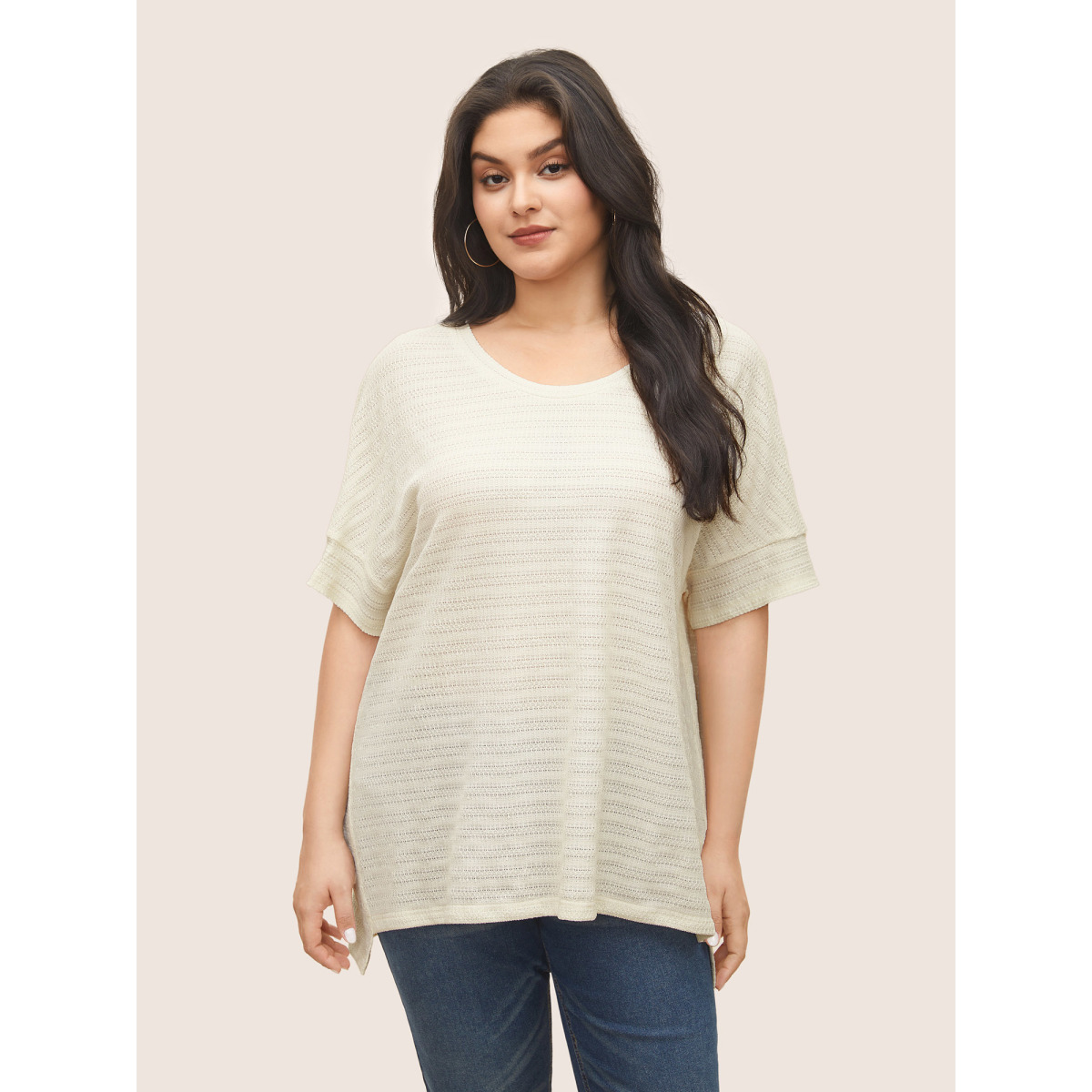 

Plus Size Solid Textured Crew Neck Batwing Sleeve T-shirt Beige Women Casual Texture Plain Round Neck Everyday T-shirts BloomChic