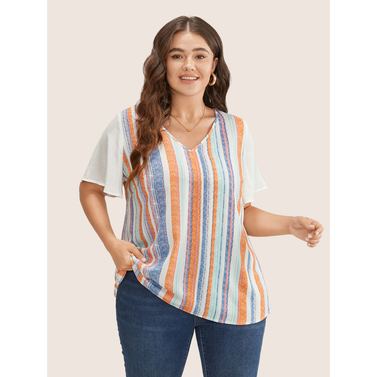 

Plus Size White Striped Contrast Patchwork Ruffle Sleeve Blouse Women Resort Short sleeve V-neck Vacation Blouses BloomChic