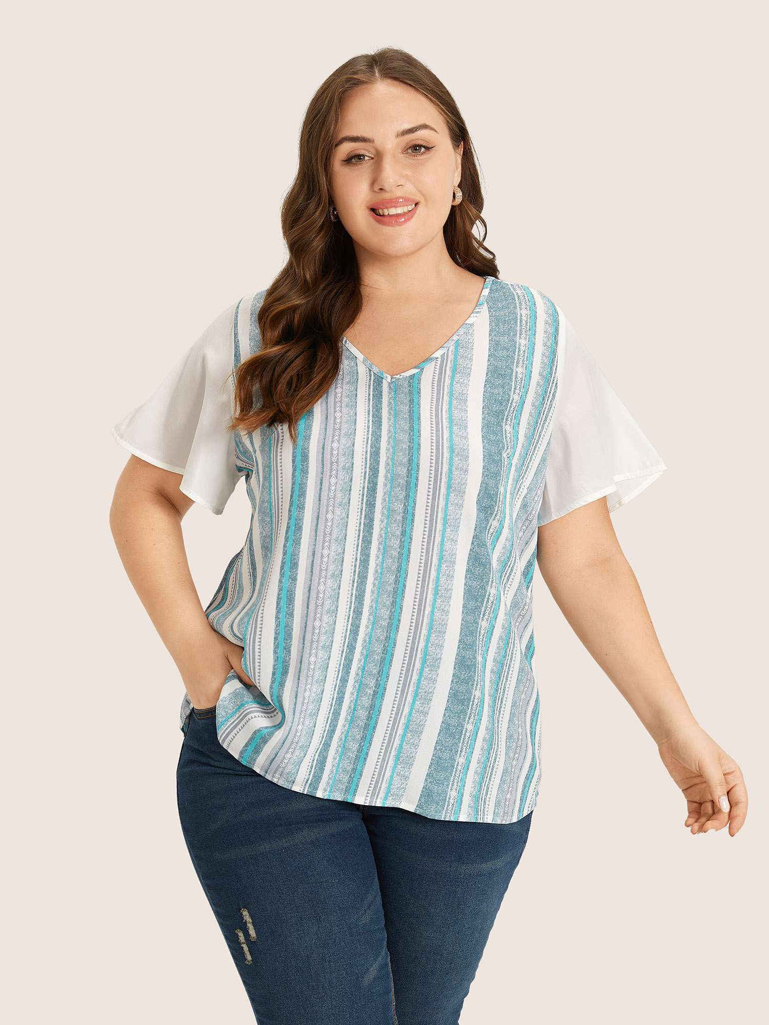 

Plus Size Cerulean Striped Contrast Patchwork Ruffle Sleeve Blouse Women Resort Short sleeve V-neck Vacation Blouses BloomChic