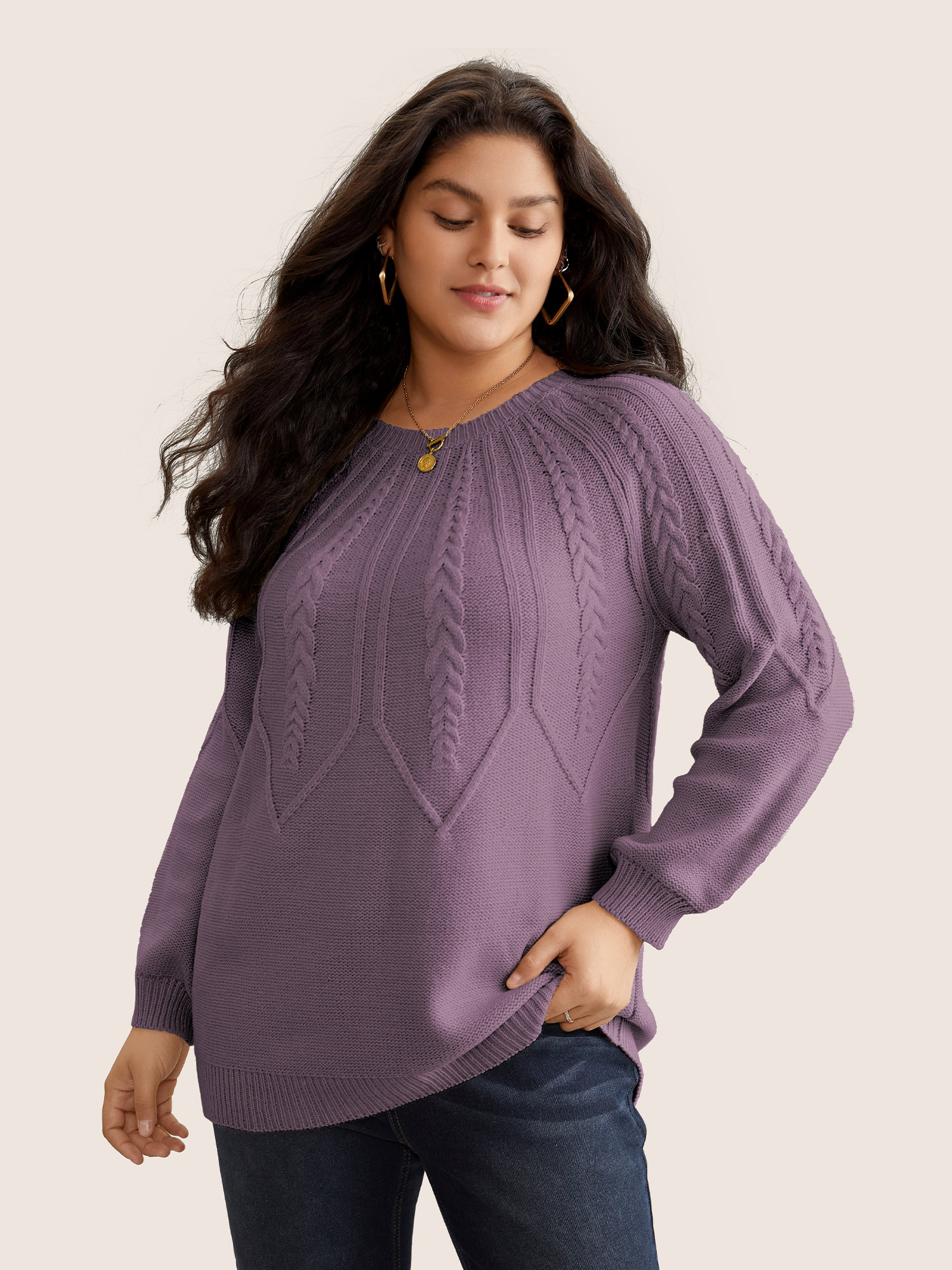 

Plus Size Solid Textured Lantern Sleeve Pullover Lilac Women Basics Long Sleeve Round Neck Everyday Pullovers BloomChic