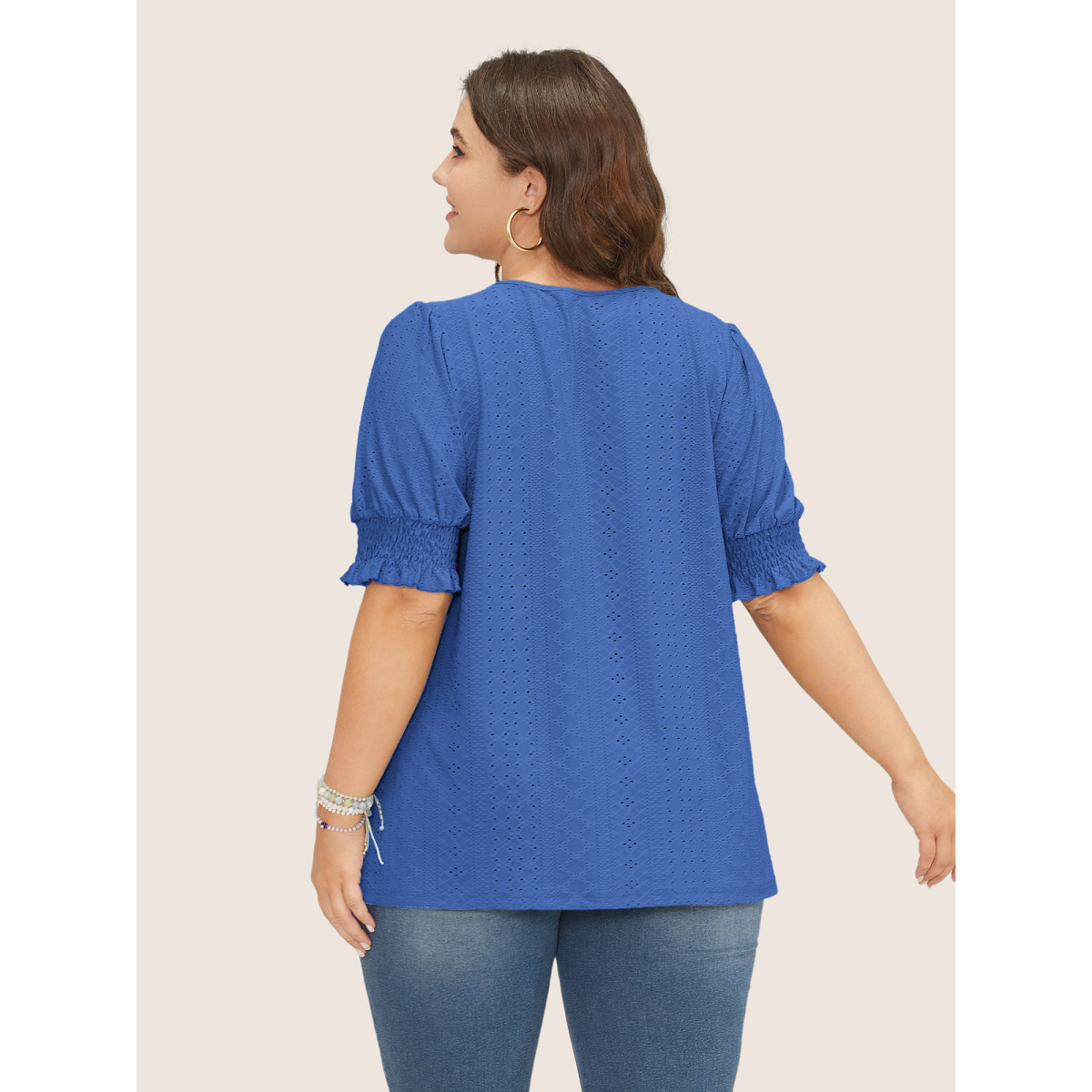 

Plus Size Plain Broderie Anglaise Shirred Puff Sleeve Button Detail T-shirt Blue Women Casual Button Plain V-neck Everyday T-shirts BloomChic