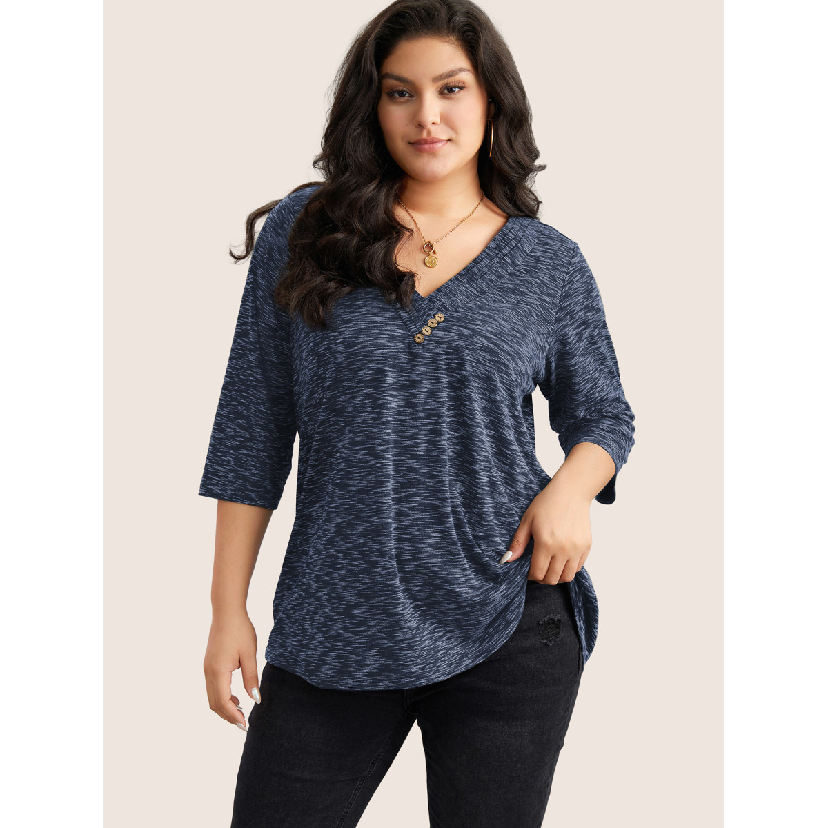 

Plus Size Heather Pleated Button Detail T-shirt Blue Women Casual Pleated Plain V-neck Everyday T-shirts BloomChic