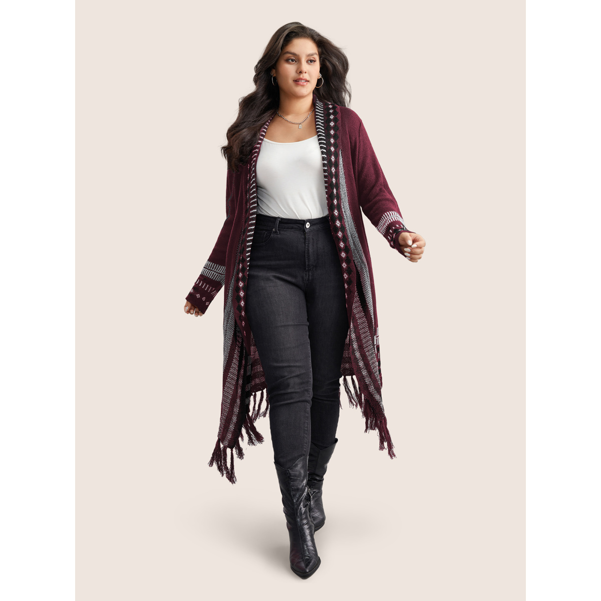 

Plus Size Bandana Print Fringe Trim Maxi Cardigan Burgundy Women Casual Everyday Cardigans BloomChic