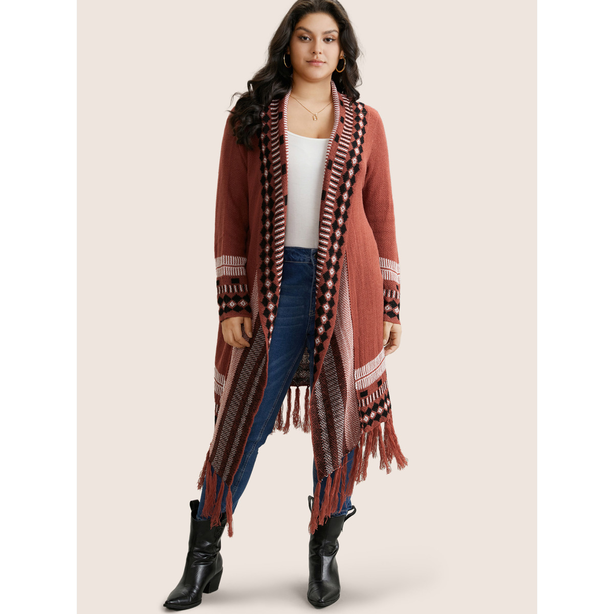 

Plus Size Bandana Print Fringe Trim Maxi Cardigan Rust Women Casual Everyday Cardigans BloomChic