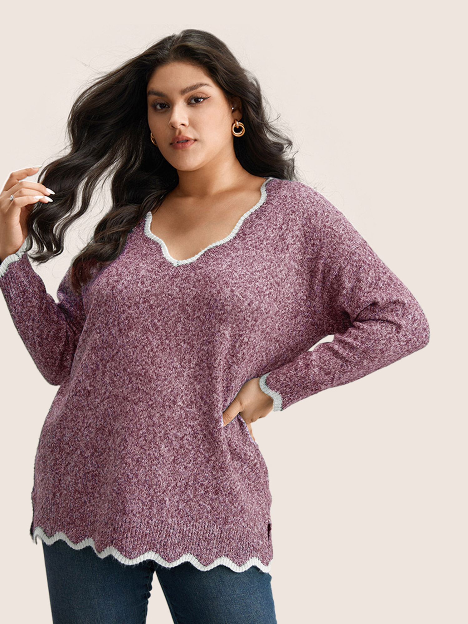 

Plus Size Contrast Split Side Scalloped Trim Pullover RedViolet Women Casual Long Sleeve V-neck Everyday Pullovers BloomChic