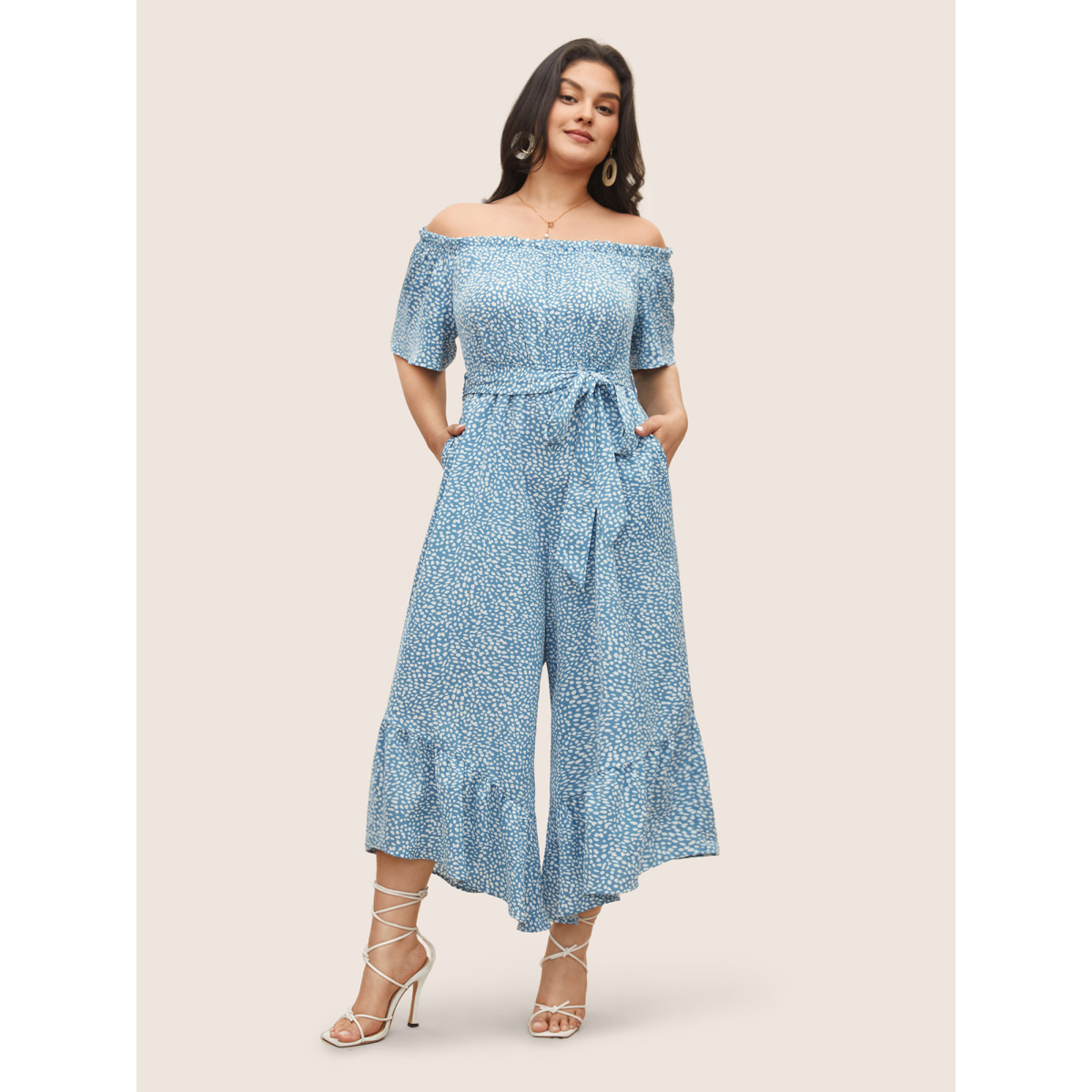 

Plus Size LightBlue Polka Dot Off Shoulder Ruffles Belted Jumpsuit Women Resort Vacation Loose Jumpsuits BloomChic