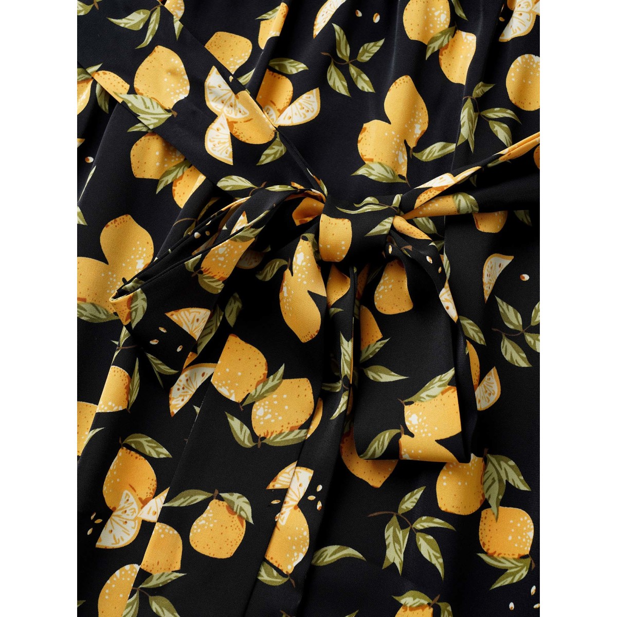 

Plus Size Citrus Lemons Print Belted Surplice Neck Split Side Dress BlackFlower Women Non Overlap Collar Short sleeve Curvy Midi Dress BloomChic