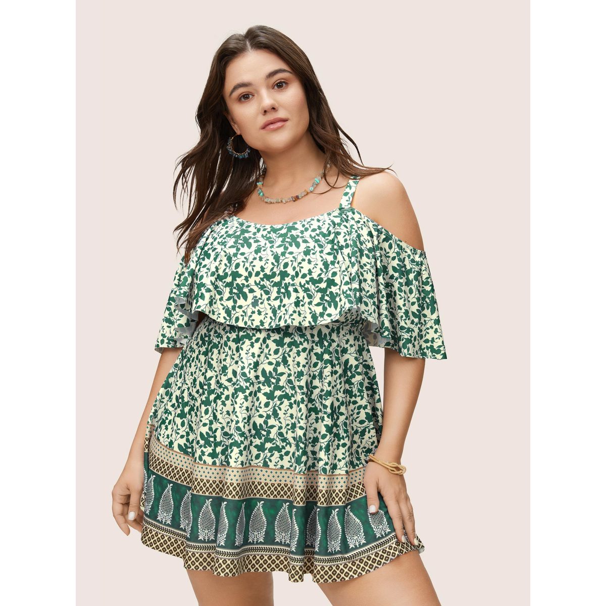 

Plus Size Bandana Print Cold Shoulder Swim Dress Women's Swimwear Emerald Beach Bodycon One-shoulder neck High stretch Curve Swim Dresses BloomChic