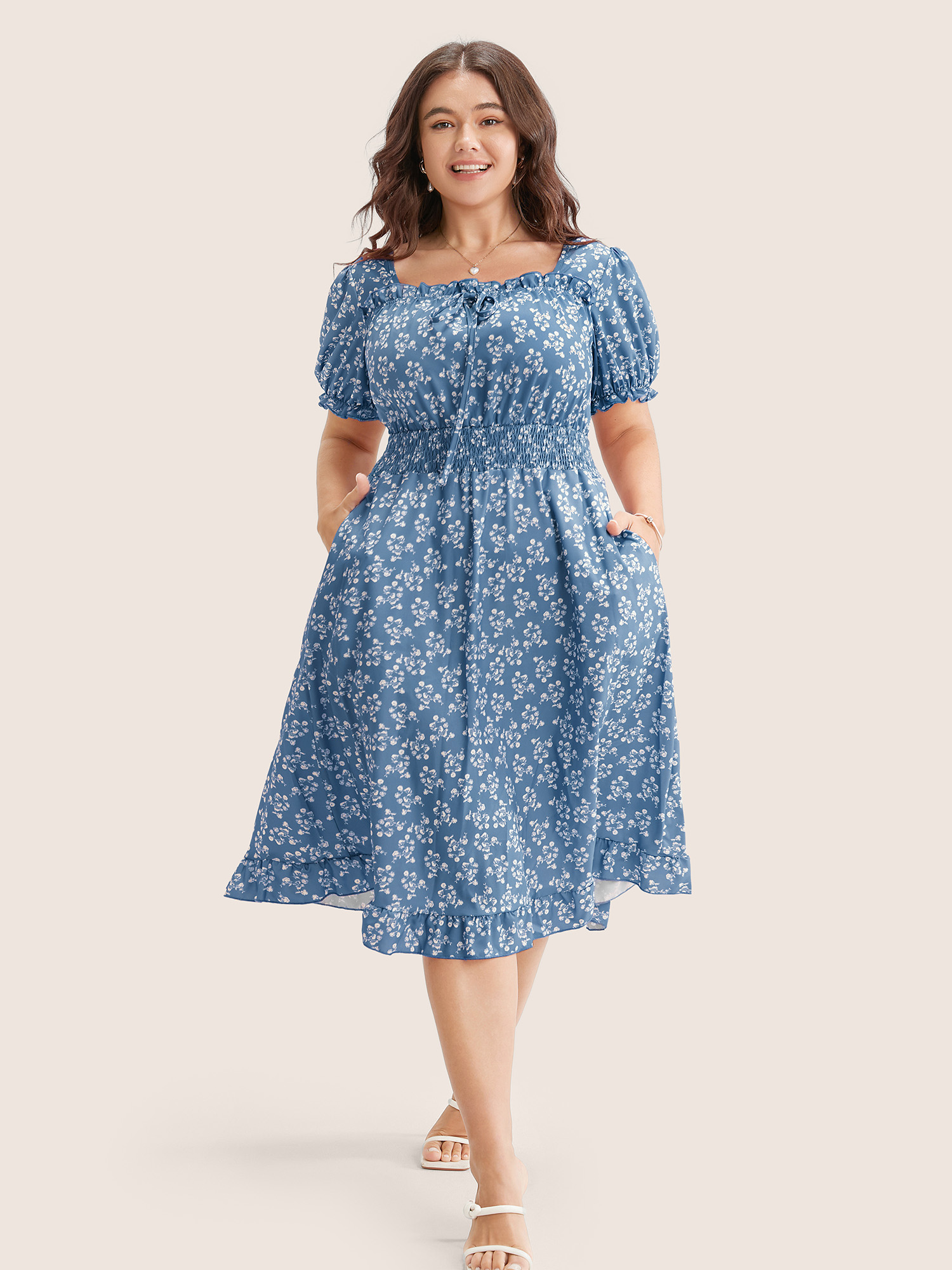 

Plus Size Ditsy Floral Shirred Ties Square Neck Frill Trim Puff Sleeve Dress LightBlue Women Non Square Neck Short sleeve Curvy Knee Dress BloomChic