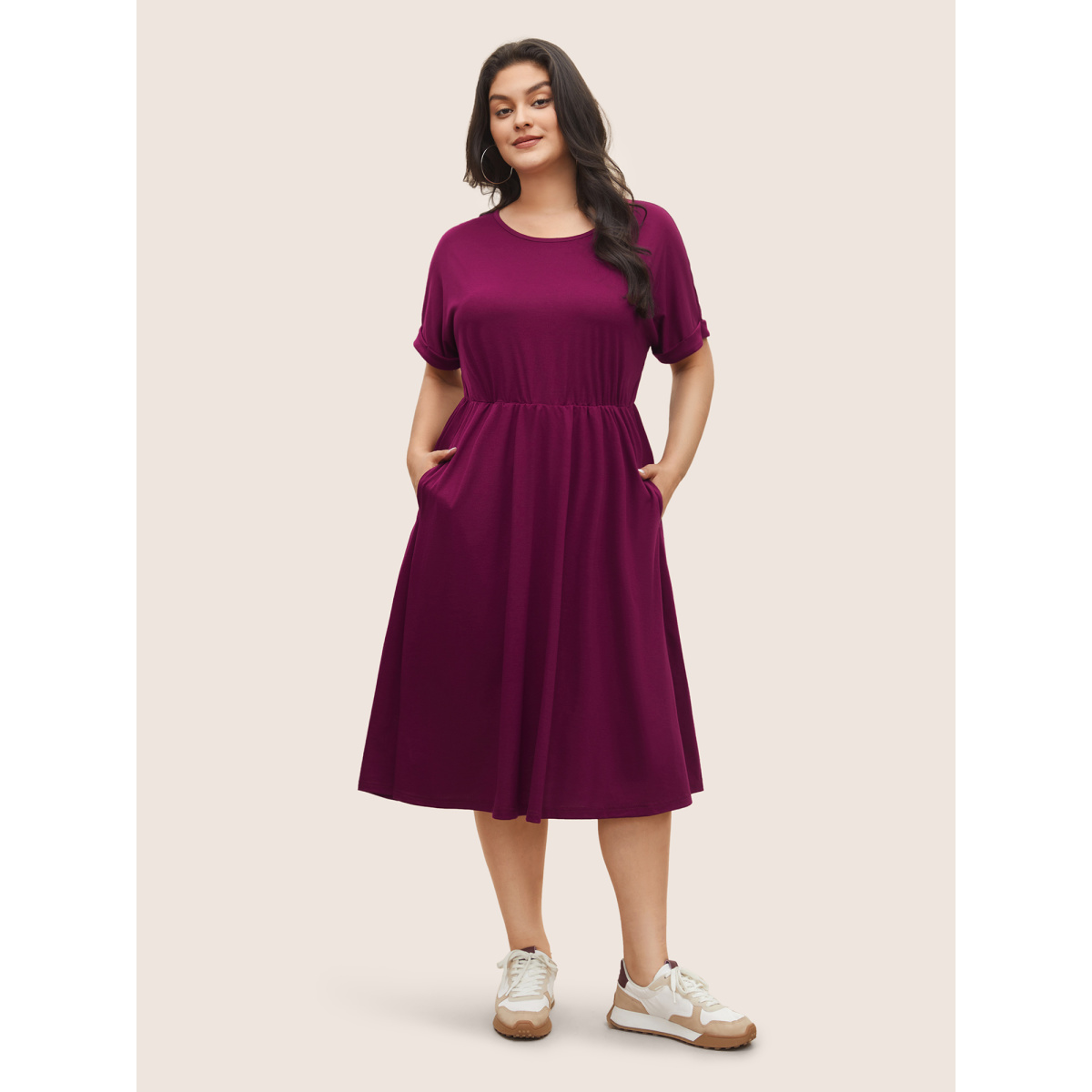 

Plus Size Supersoft Essentials Solid Pocket Cuffed Sleeve Dress RedViolet Women Non Round Neck Short sleeve Curvy Midi Dress BloomChic
