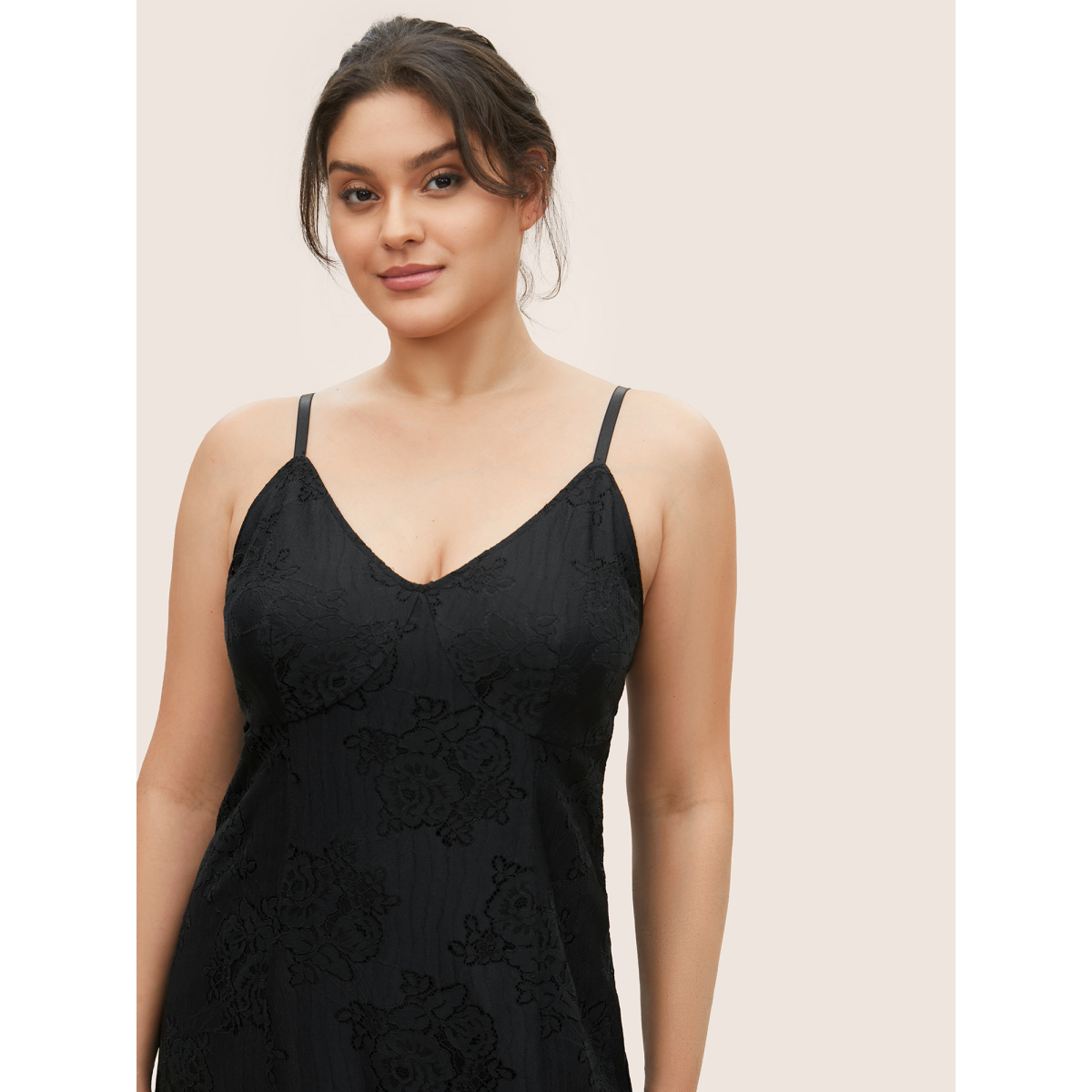 

Plus Size Lace Panel Mesh Split Hem Crisscross Cami Sleep Dress Black V-neck Lounge Everyday  Bloomchic