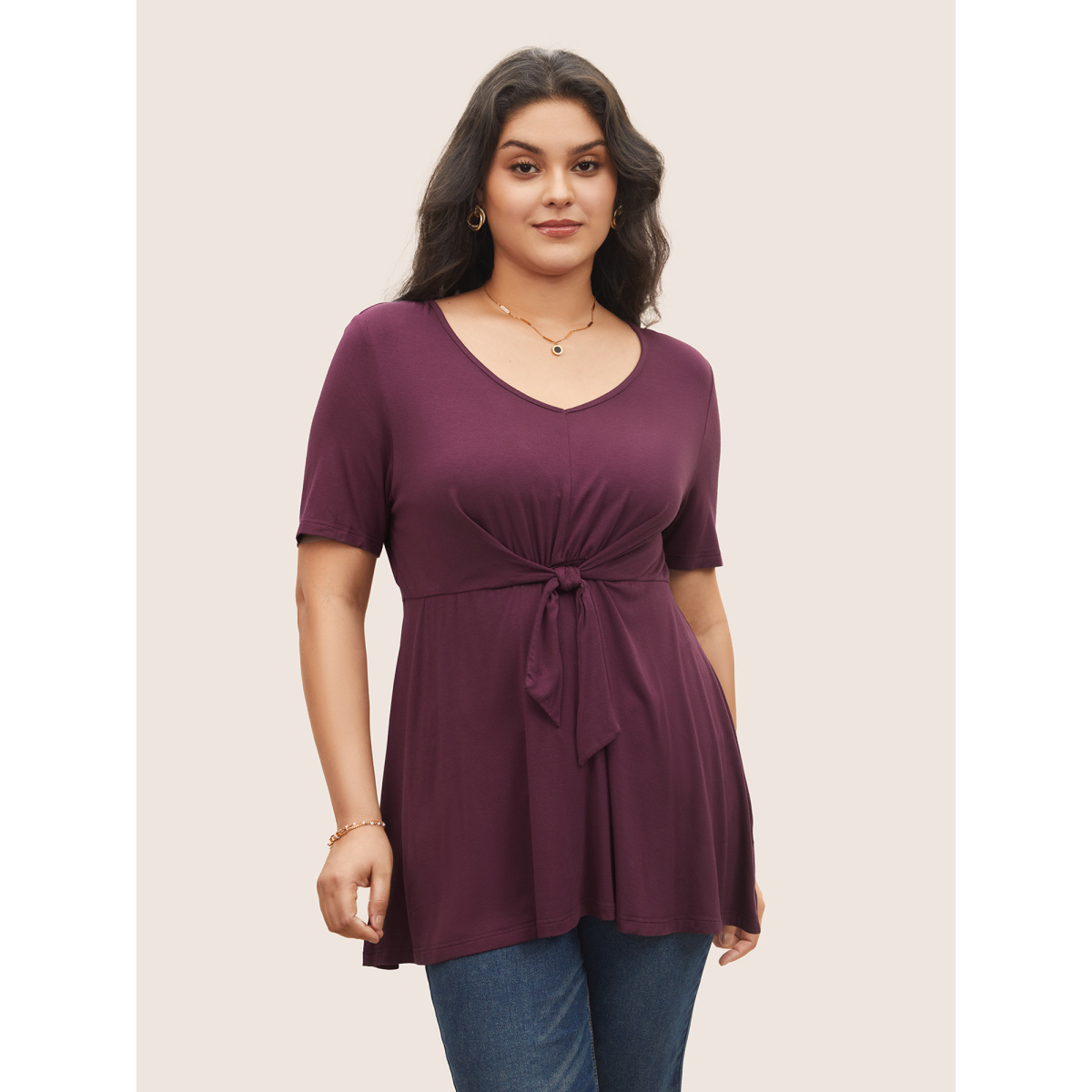 

Plus Size Supersoft Essentials Solid Ties Knot Knit Top RedViolet Women Elegant Non Plain V-neck Everyday T-shirts BloomChic