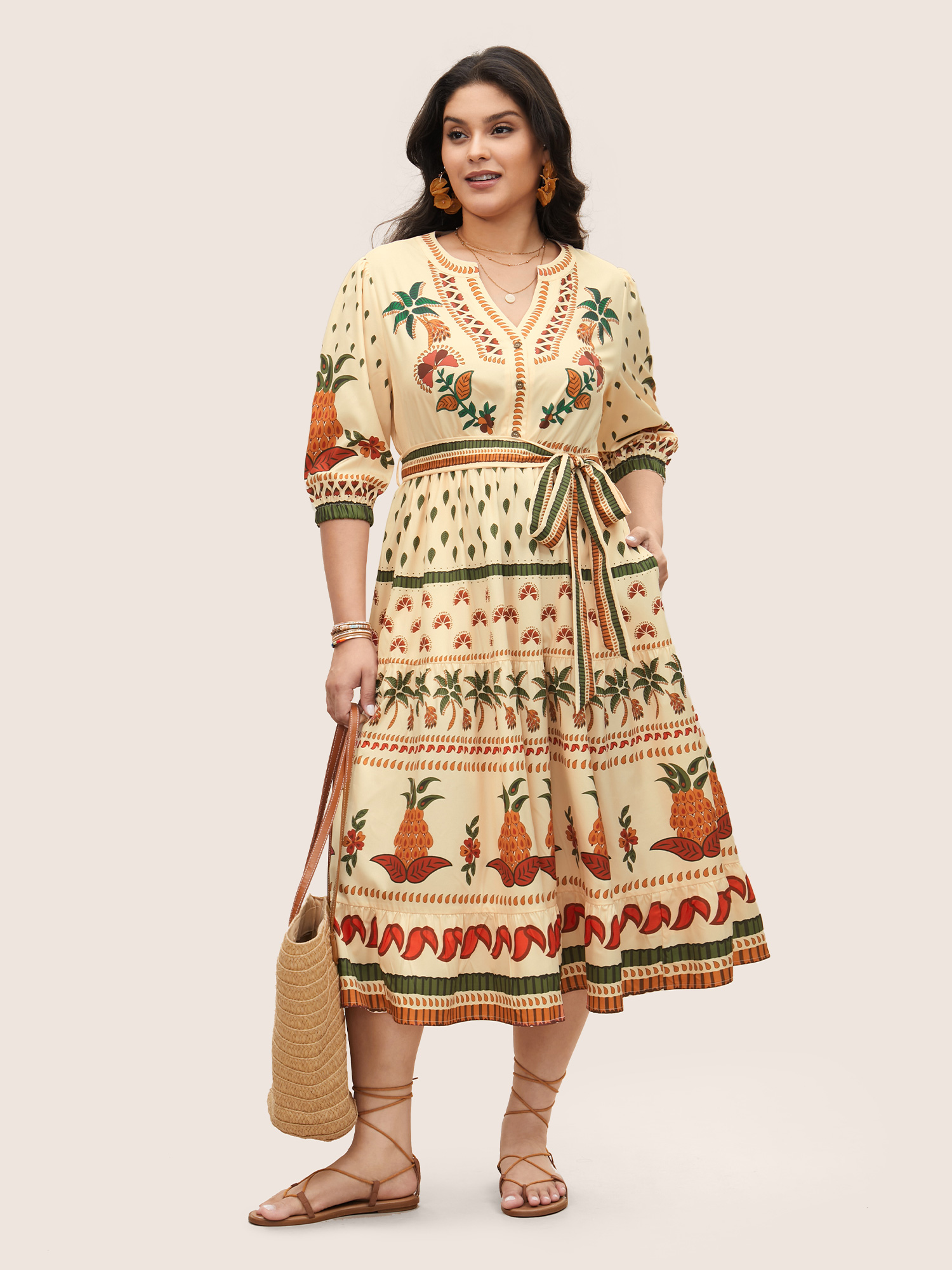 

Plus Size Boho Print Notched Collar Patchwork Belted Dress Apricot Women Non Curvy Midi Dress BloomChic