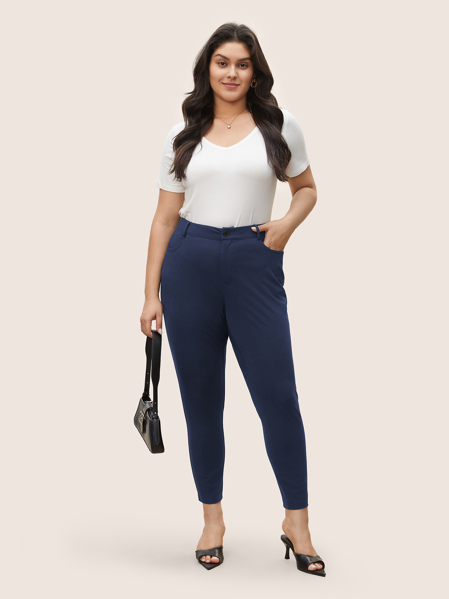 

Plus Size High Rise Button Up Skinny Pants Women Indigo At the Office Skinny High Rise Work Pants BloomChic