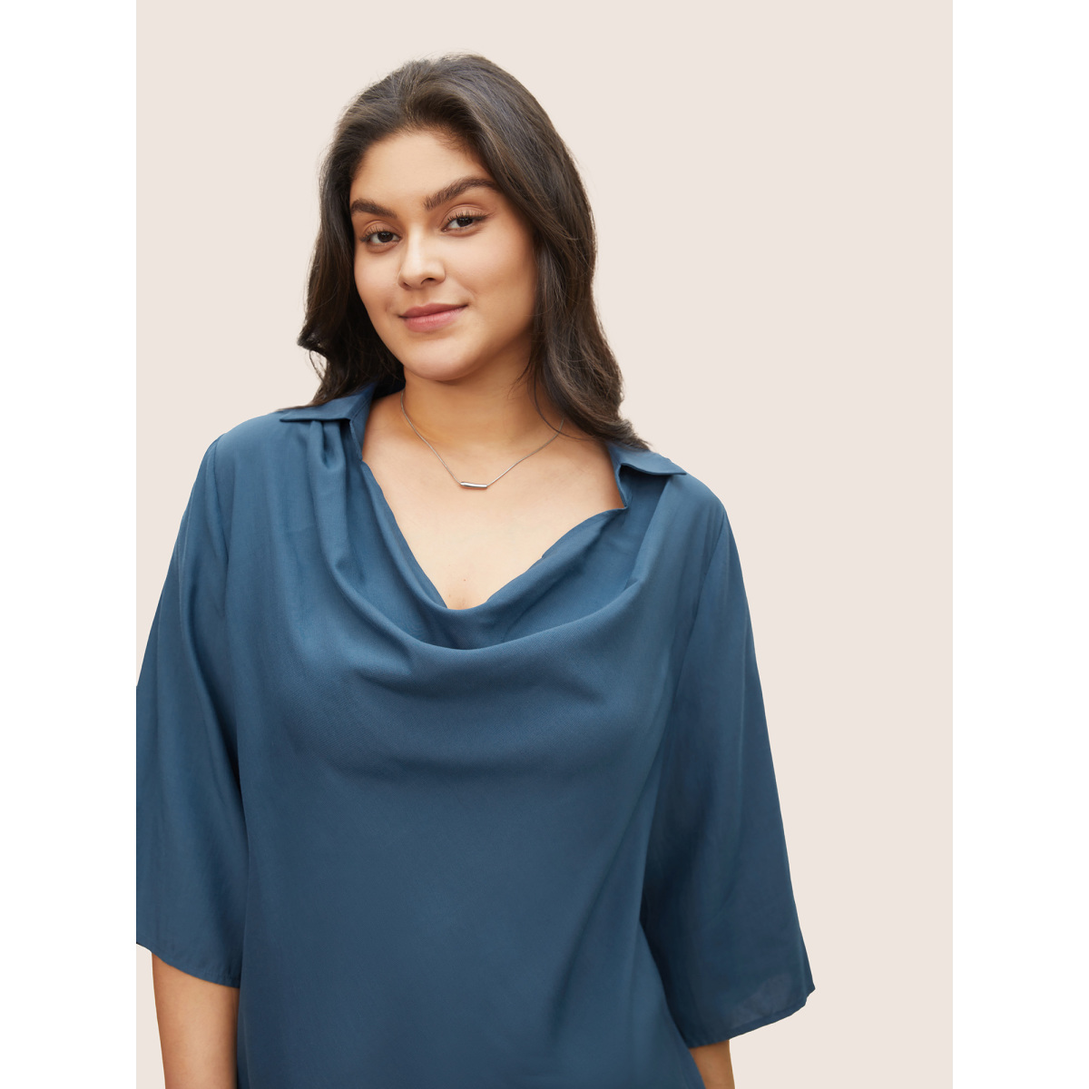 

Plus Size Aegean Cowl Neck Plain Bell Sleeve Blouse Women Work From Home Elbow-length sleeve Cowl Neck Work Blouses BloomChic
