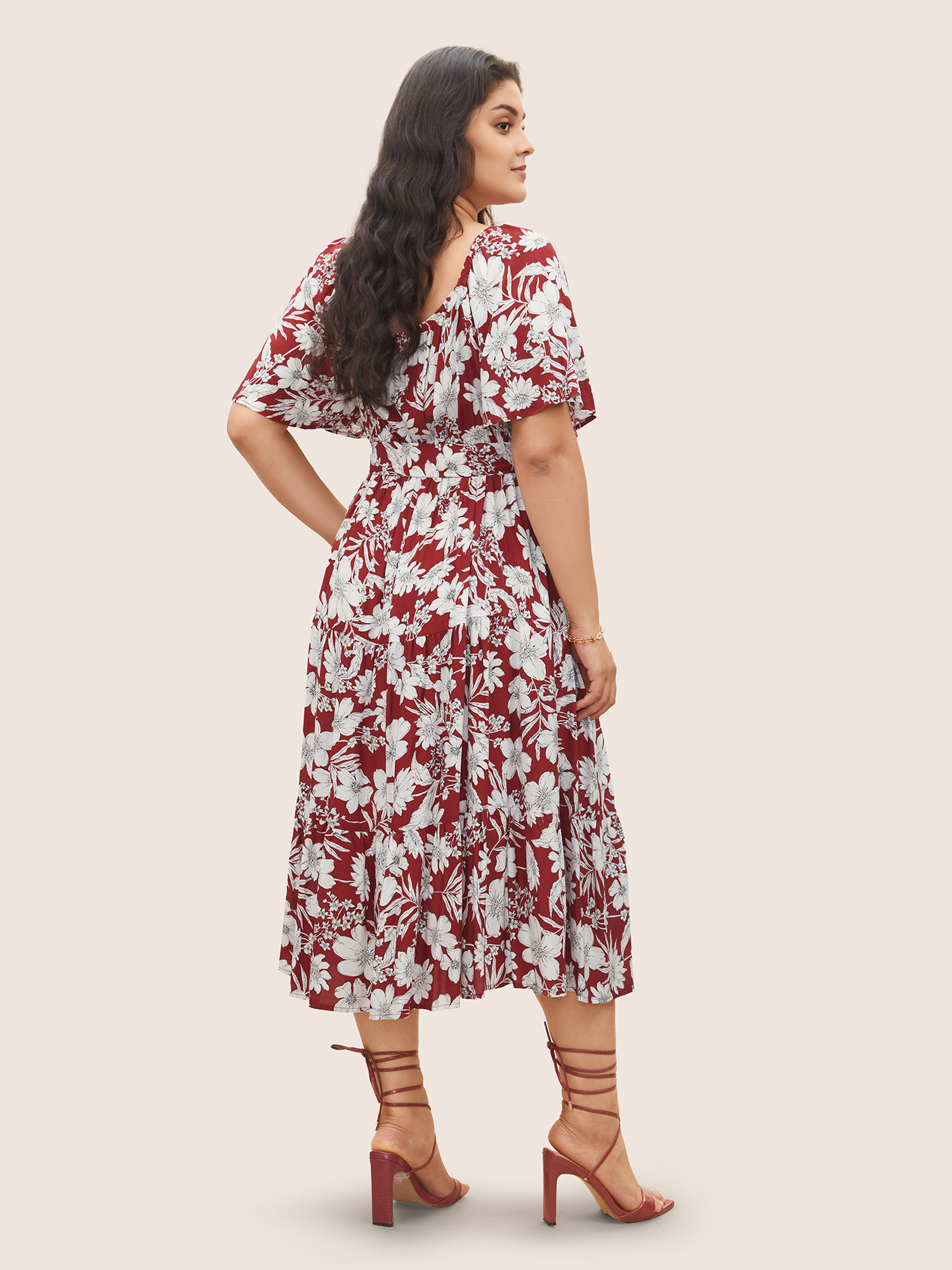 

Plus Size Square Neck Floral Print Belted Gathered Dress Russet Women Gathered Curvy Midi Dress BloomChic