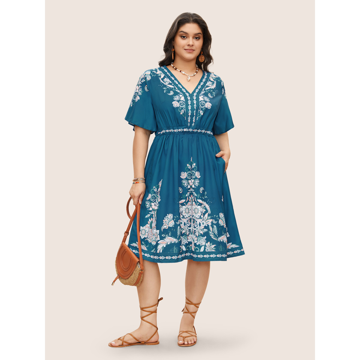 

Vintage Embroidered Floral Print Plus Size Vacation Dress Women Bohemian Emerald Pocket Ruffle Sleeve Short Sleeve V Neck Pocket Casual Knee Dress BloomChic, Aegean