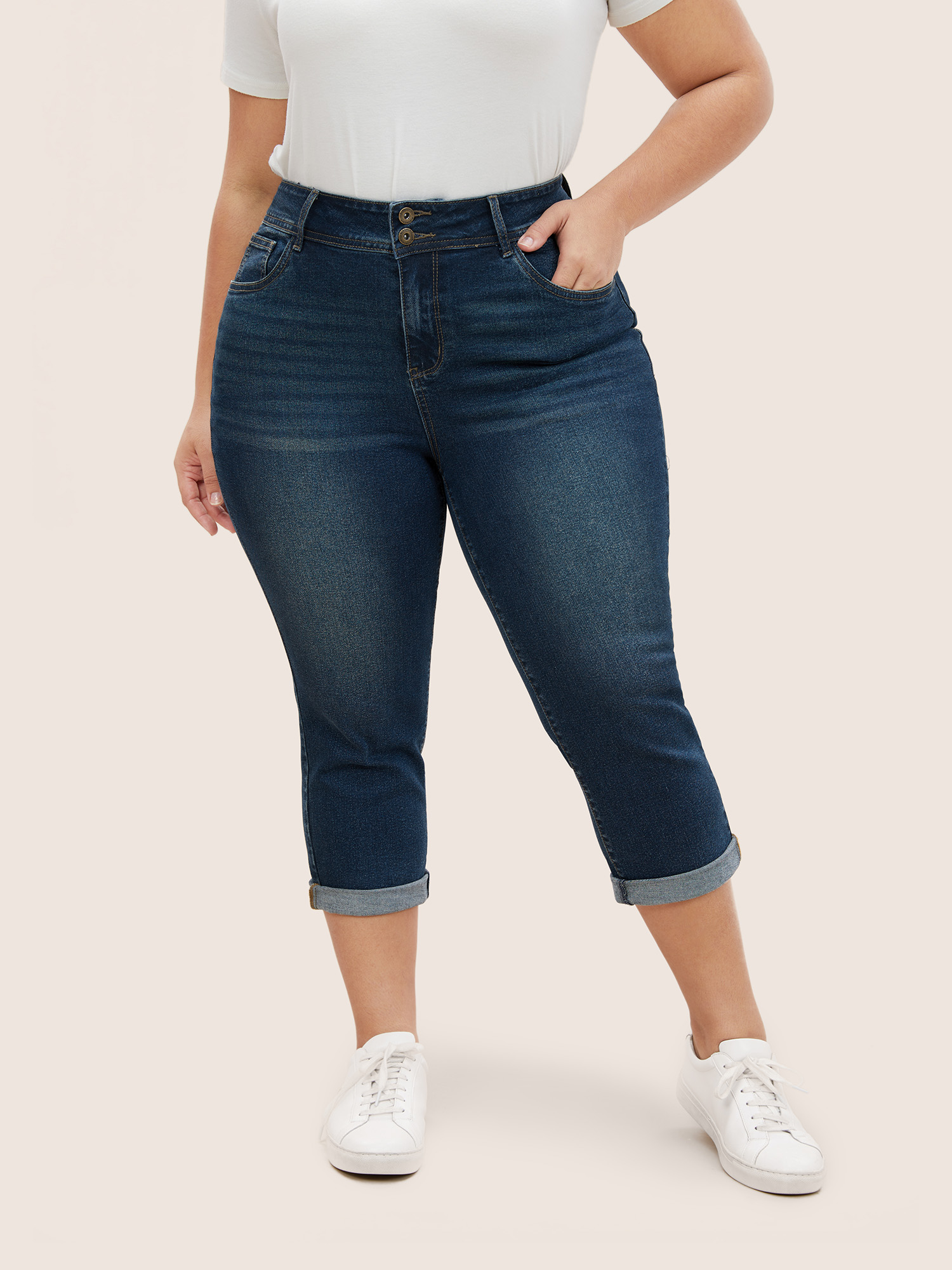 

Plus Size Skinny Roll Hem Cropped Button Up Jeans Women Midnight Casual Plain Non High stretch Slanted pocket Jeans BloomChic