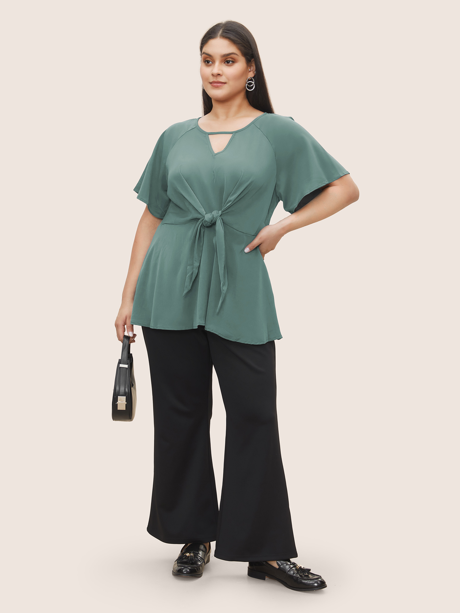 

Plus Size Mint Plain Keyhole Knotted Front Ruffle Sleeve Blouse Women Work From Home Short sleeve Round Neck Work Blouses BloomChic