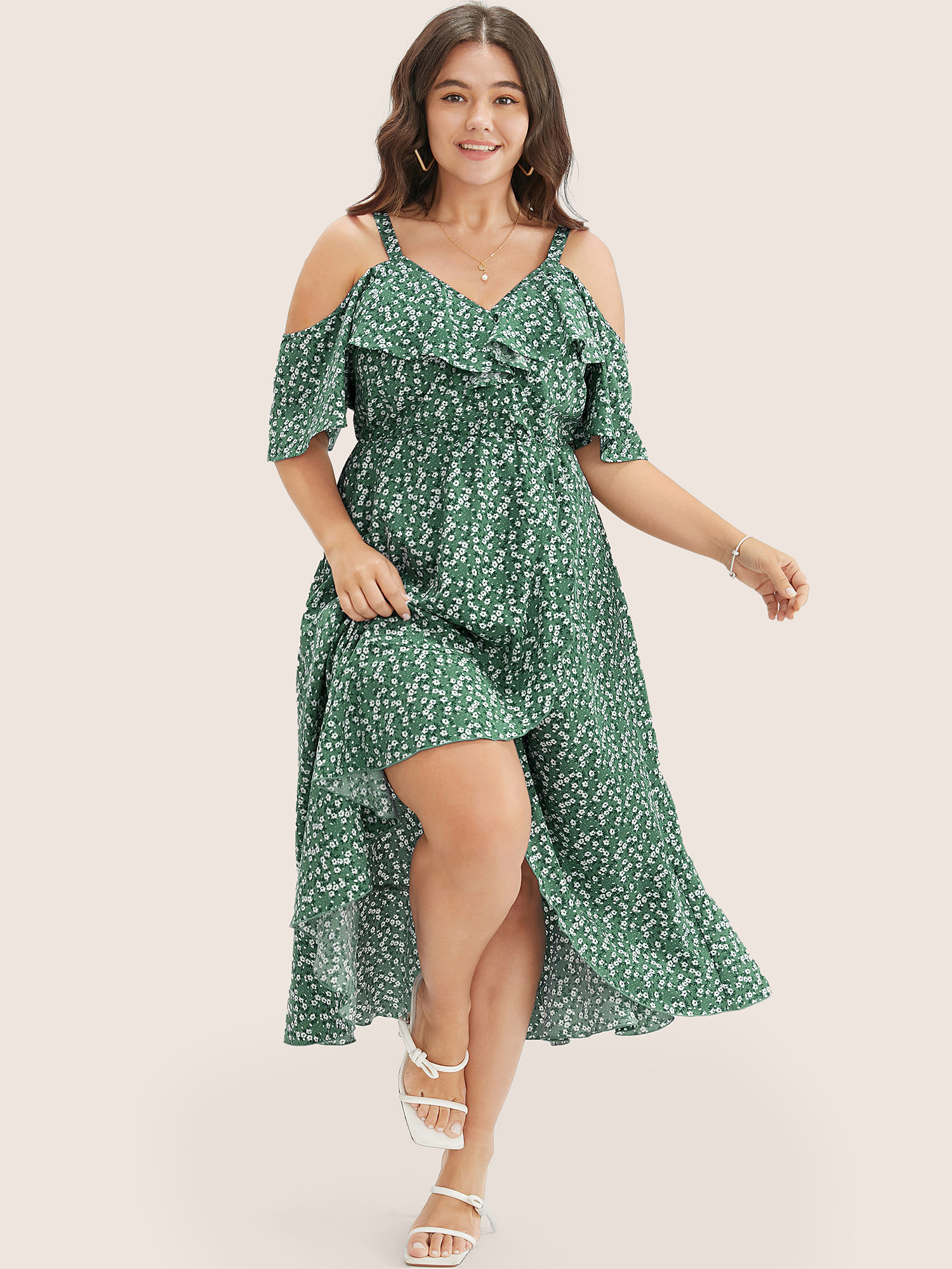

Plus Size Ditsy Floral Pocket Wrap Cold Shoulder Ruffle Dress Green Women Non Overlap Collar Curvy Midi Dress BloomChic