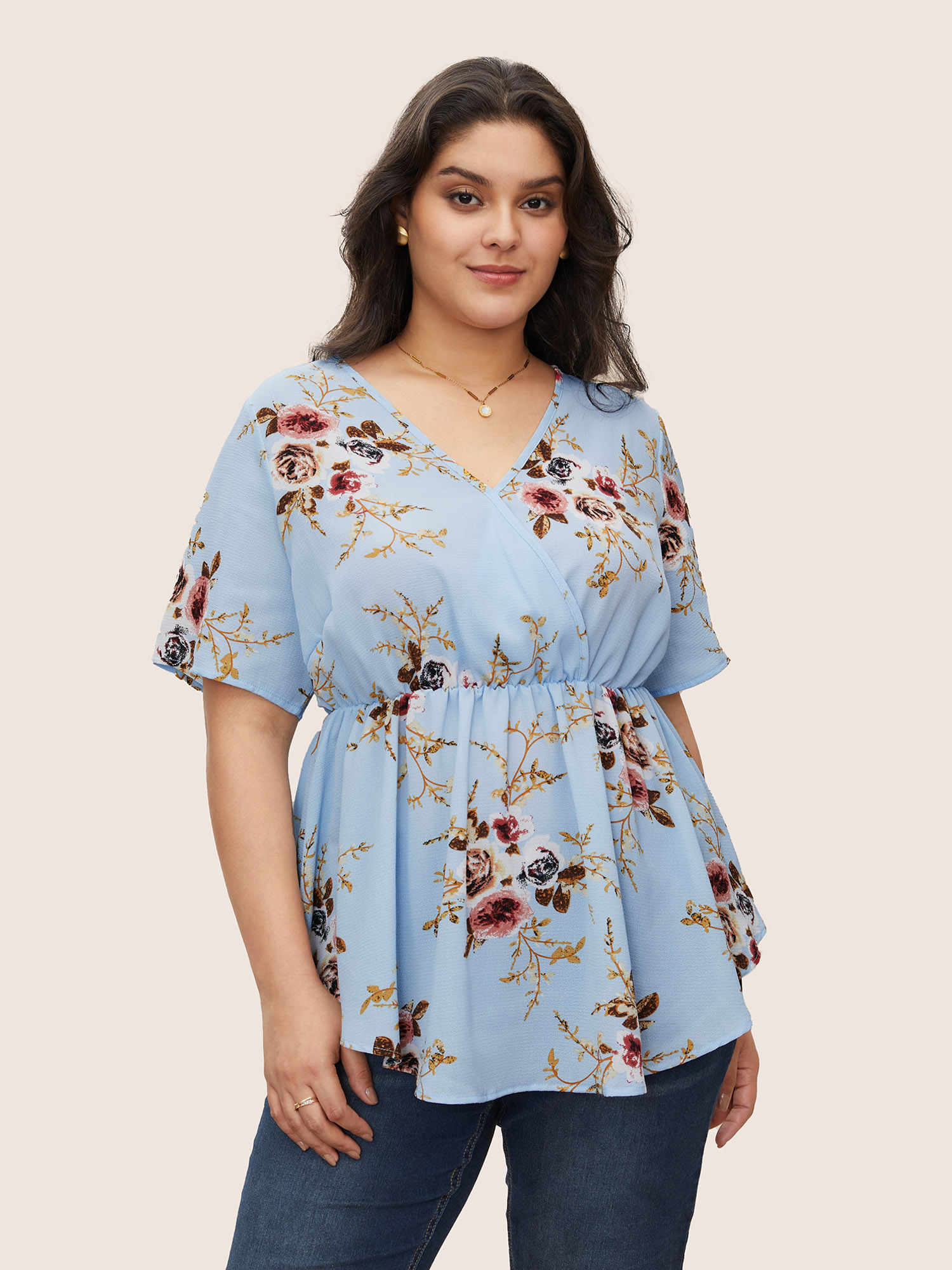 

Floral Wrap Smocked Plus Size Women Casual Blouses Dailywear Ruffle Sleeve Short Sleeve V Neck Elegance Blouses BloomChic, Cerulean