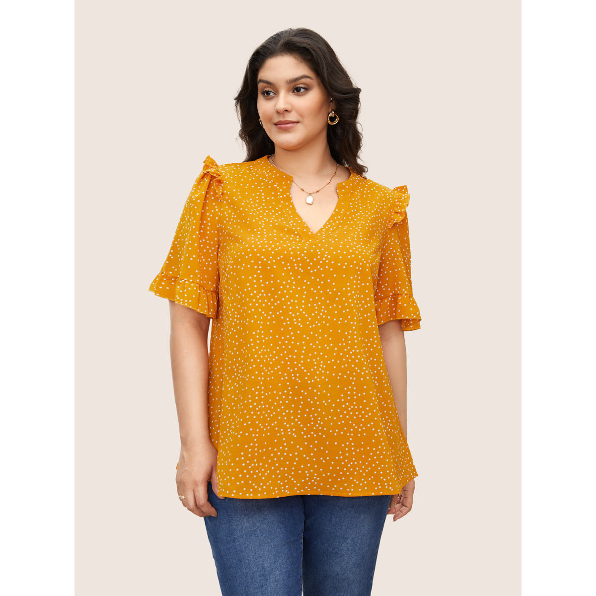 

Polka Dot Ruffles Plus Size Women Blouses Elegance Casual Ruffles Ruffle Sleeve Short Sleeve V Neck Dailywear Blouses BloomChic, Orange