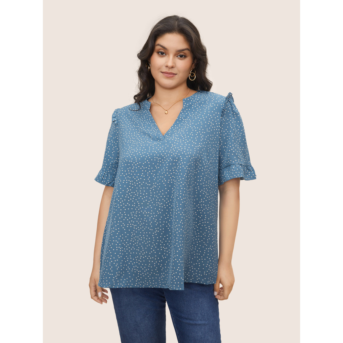 

Polka Dot Ruffles Plus Size Women Blouses Elegance Casual Ruffles Ruffle Sleeve Short Sleeve V Neck Dailywear Blouses BloomChic, Blue