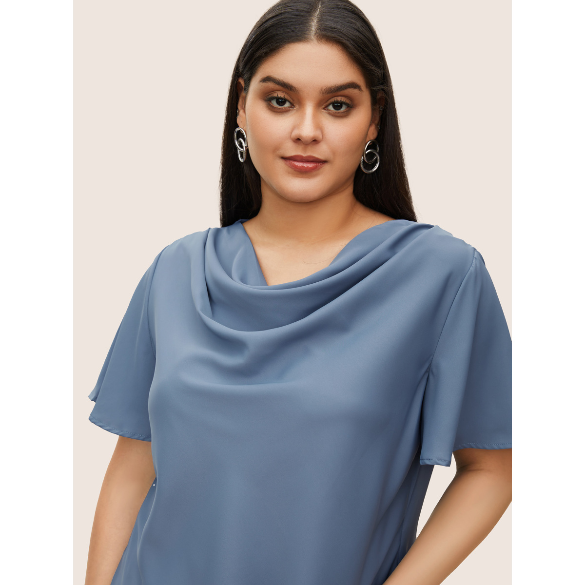 

Plus Size Stone Plain Cowl Neck Ruffle Sleeve Blouse Women Work From Home Short sleeve Cowl Neck Work Blouses BloomChic