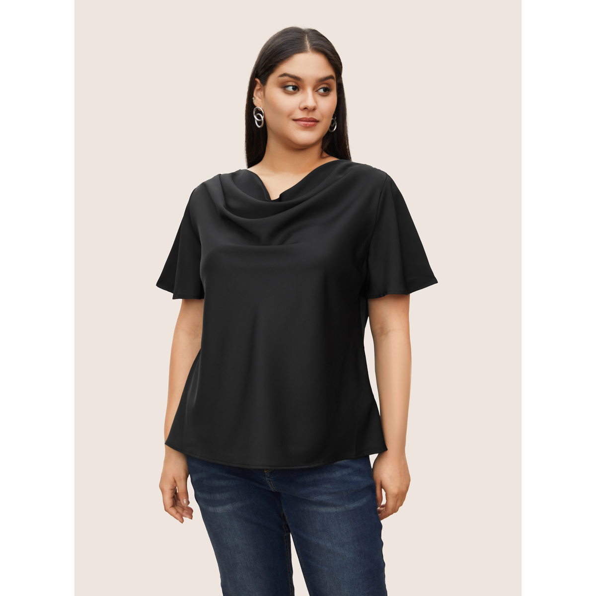 

Plus Size Black Plain Cowl Neck Ruffle Sleeve Blouse Women Work From Home Short sleeve Cowl Neck Work Blouses BloomChic