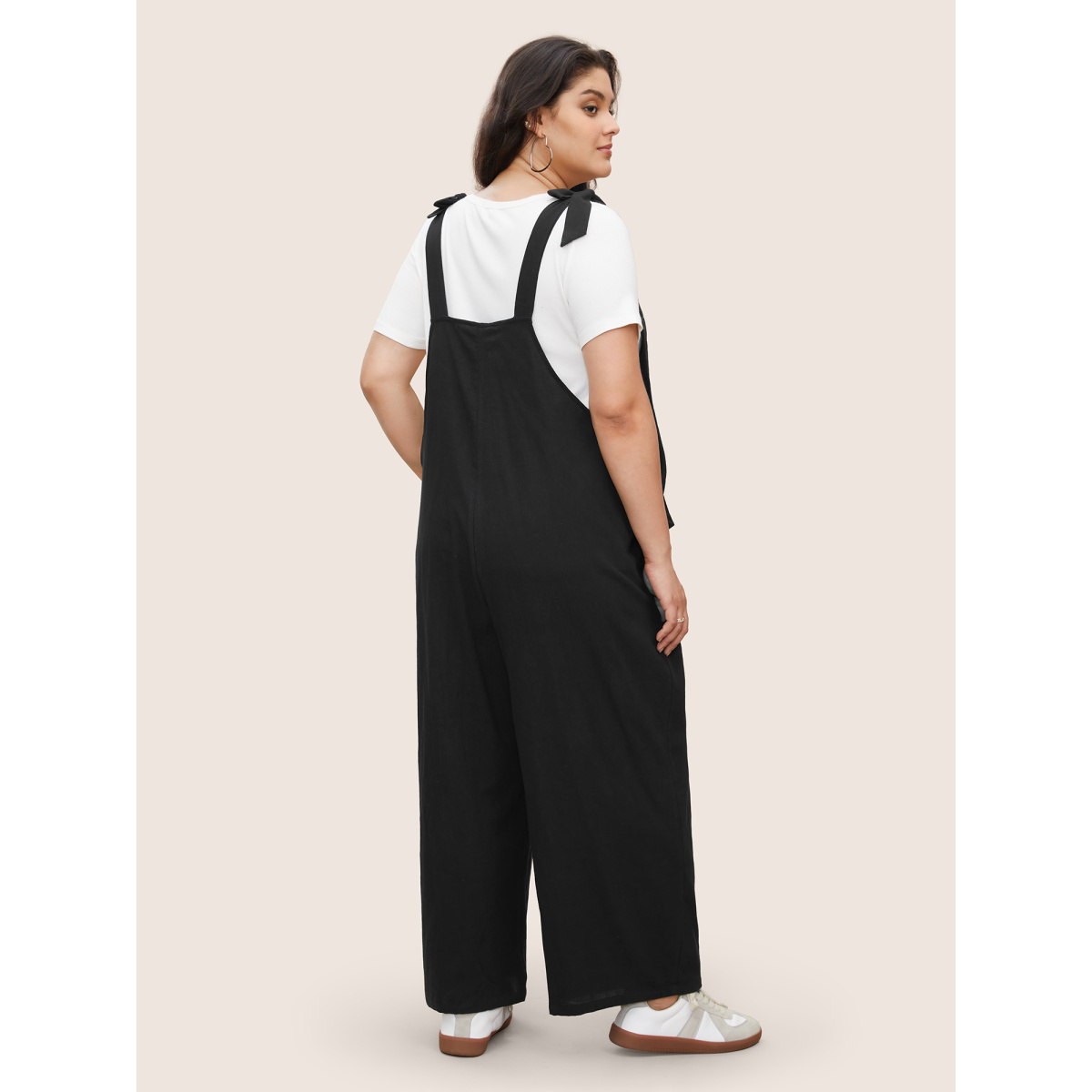 

Plus Size Black Solid Pleated Detail Pocket Knotted Shoulder Overall Jumpsuit Women Casual Non Everyday Loose Jumpsuits BloomChic