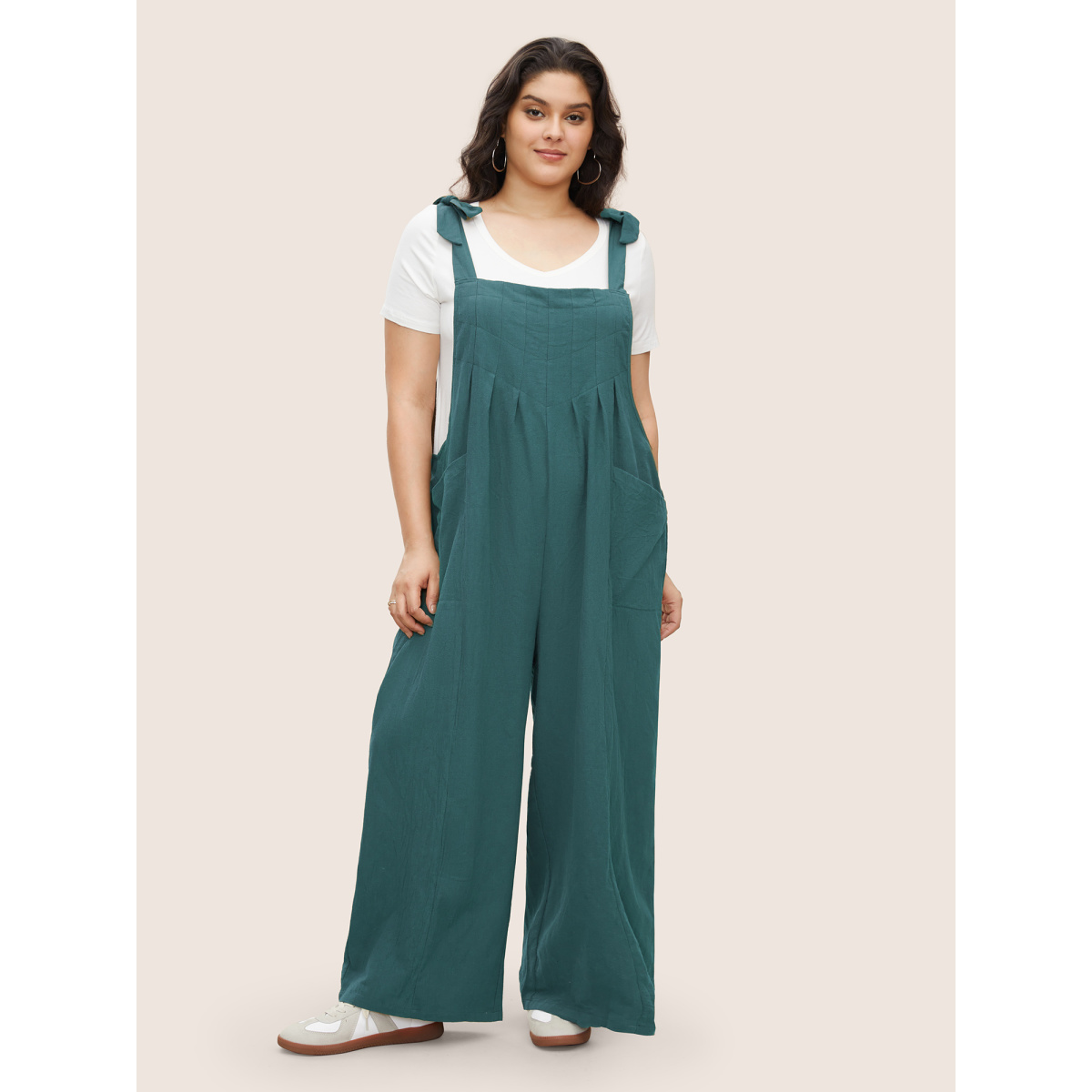 

Plus Size Cyan Solid Pleated Detail Pocket Knotted Shoulder Overall Jumpsuit Women Casual Non Everyday Loose Jumpsuits BloomChic