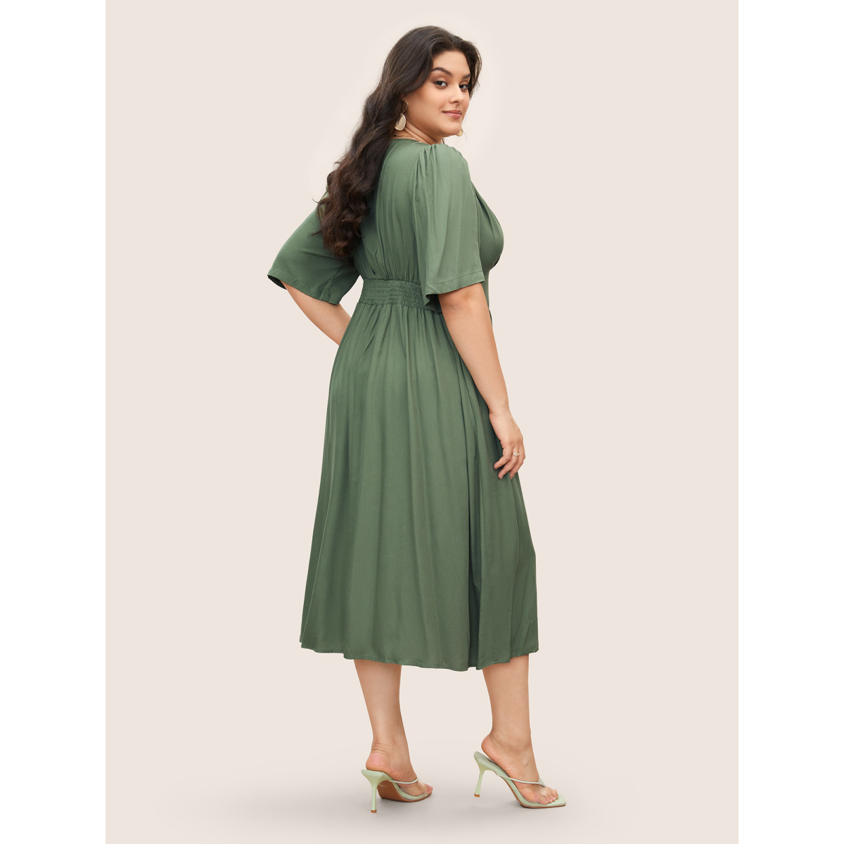 

Plus Size Plunging Neck Button Detail Pocket Maxi Dress ArmyGreen Women Gathered V-neck Short sleeve Curvy Long Dress BloomChic