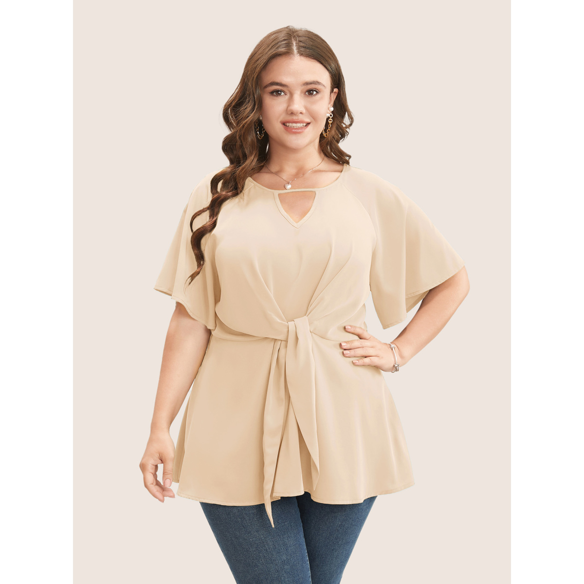 

Plus Size Ivory Plain Keyhole Knotted Front Ruffle Sleeve Blouse Women Work From Home Short sleeve Round Neck Work Blouses BloomChic