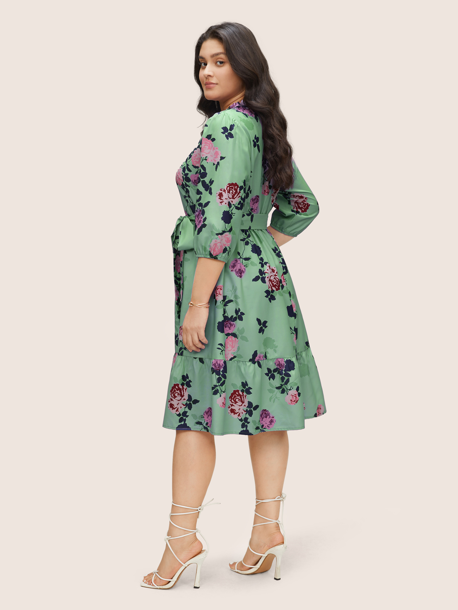 

Plus Size Floral Print Belted Pocket Frill Trim Dress Malachitegreen Women Non Round Neck Elbow-length sleeve Curvy Knee Dress BloomChic
