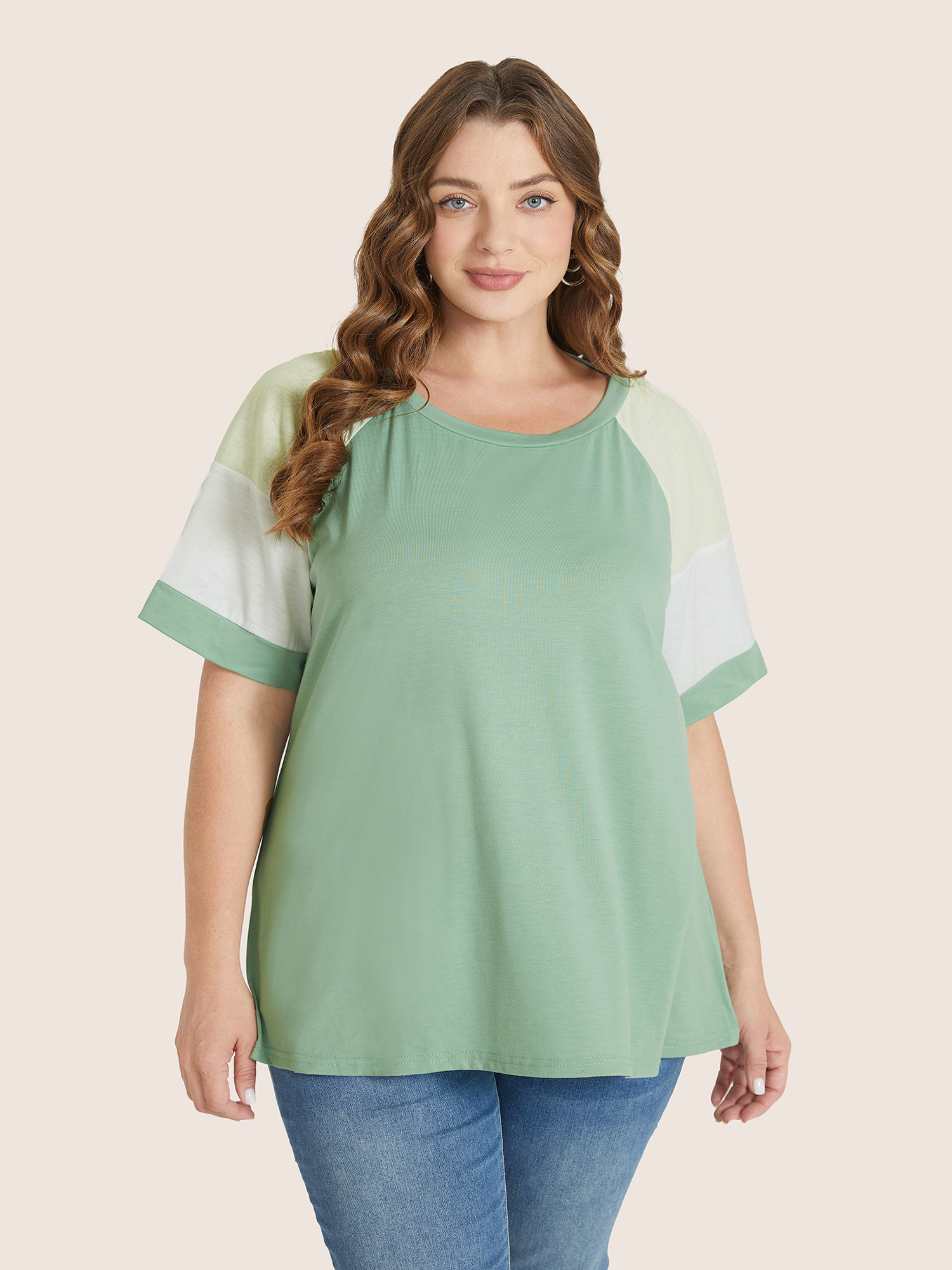 

Plus Size Colorblock Contrast Crew Neck Raglan Sleeve T-shirt Mint Women Casual Contrast Colorblock Round Neck Everyday T-shirts BloomChic