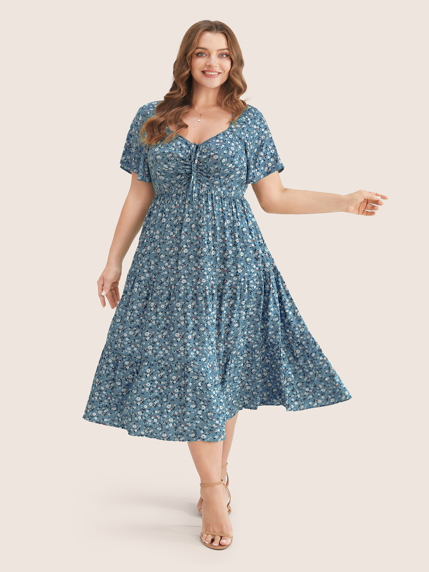 

Plus Size Ditsy Floral Drawstring Ruched Pocket Ruffle Tiered Dress Aegean Women Non V-neck Short sleeve Curvy Midi Dress BloomChic